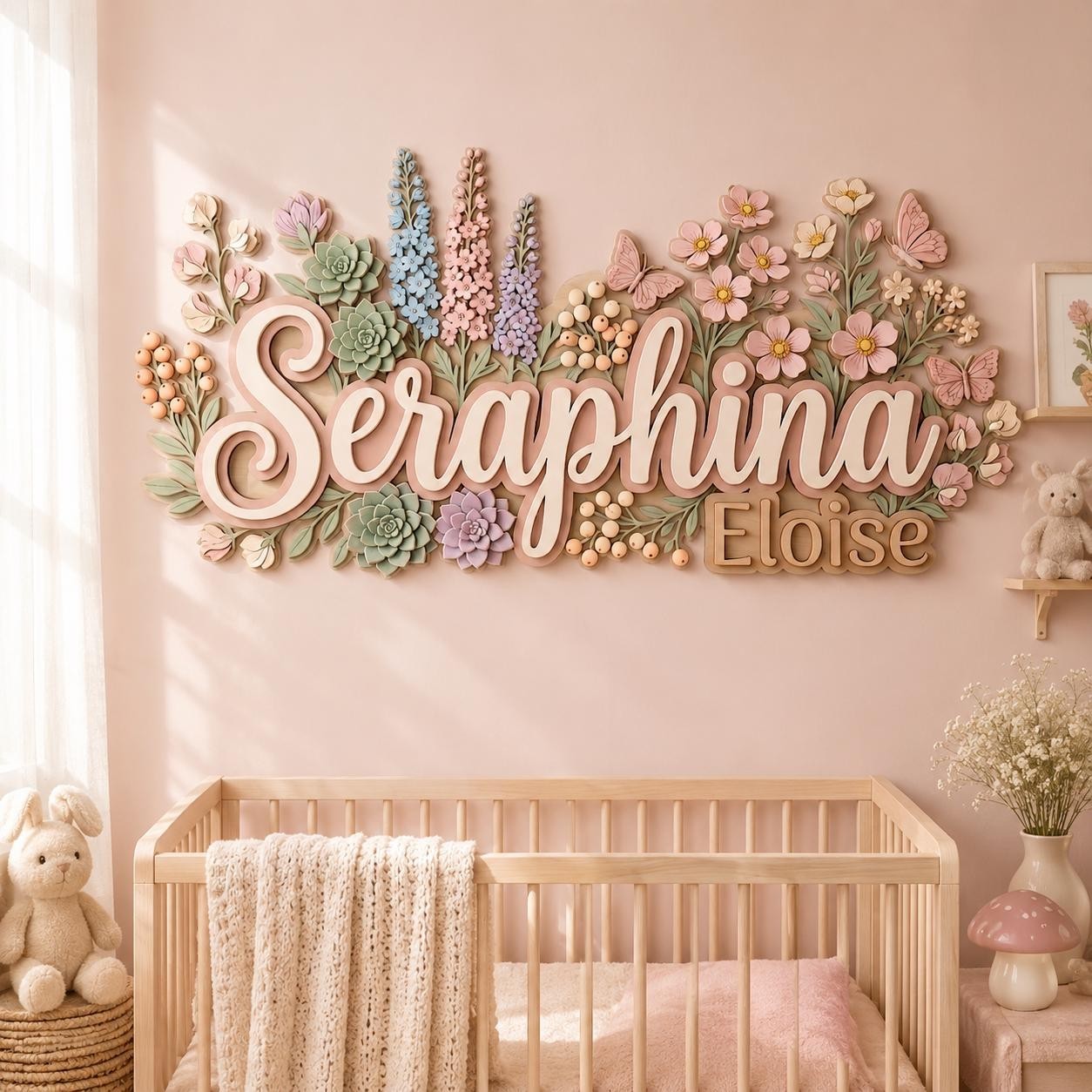 Flower Nursery Name Sign for Girls,Personalized 3D Wooden Baby Name Decor,Custom
