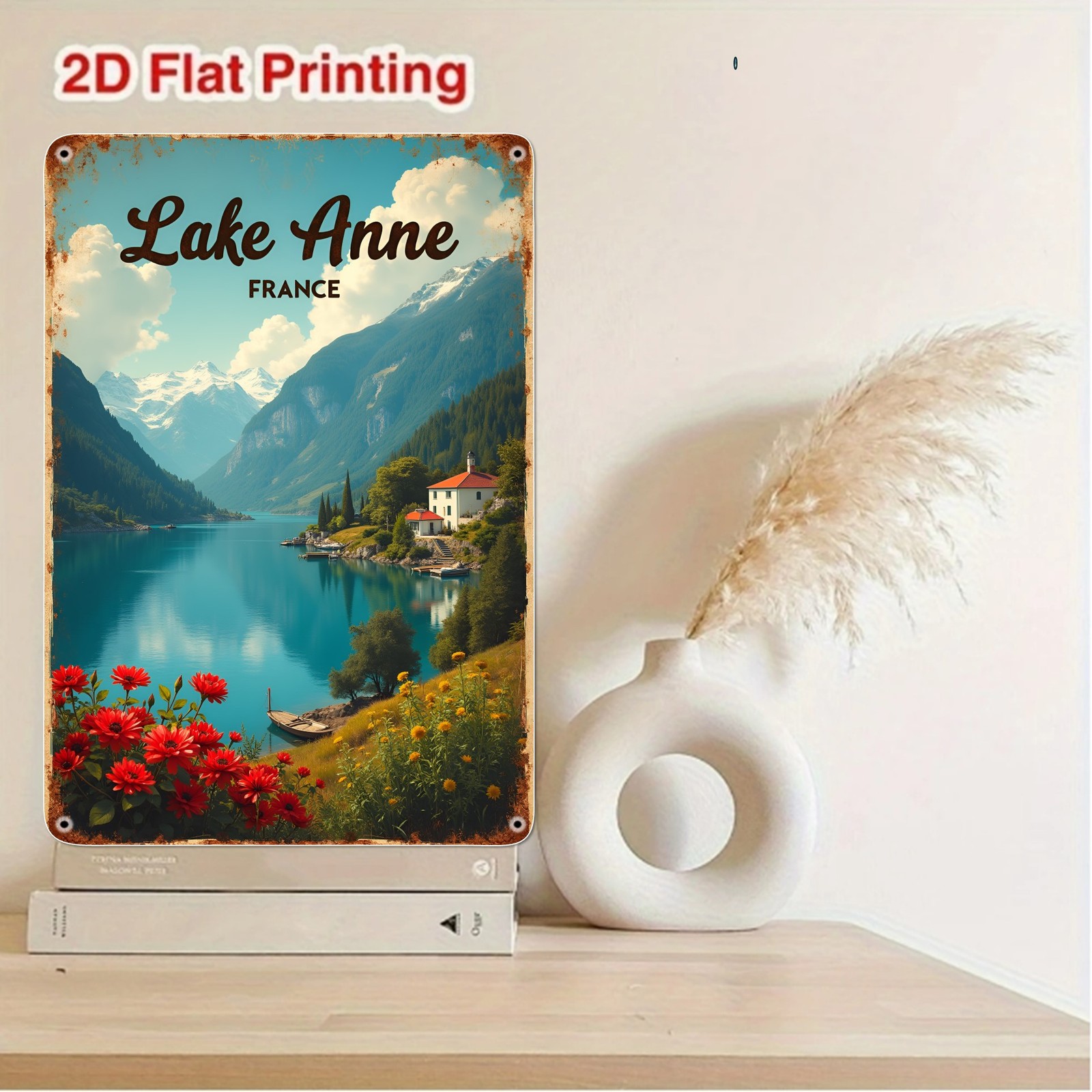 Lake Anne France Alpine Lake Floral Metal Sign French Country Cottage Wall Decor
