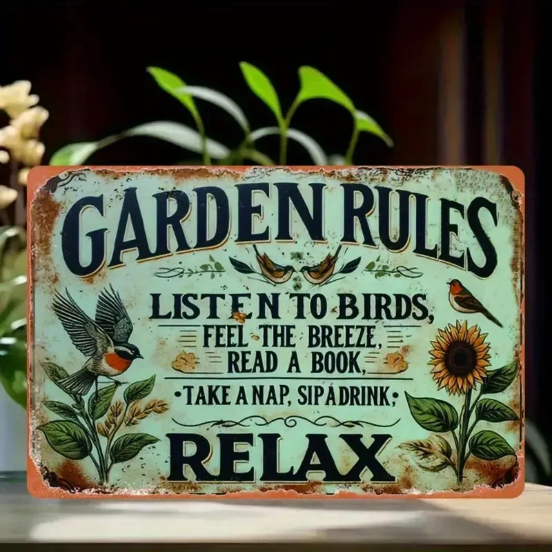 NEW 2D 8″x12″ Harmonious Garden Enthusiast Metal Sign “Garden Rules…Relax”