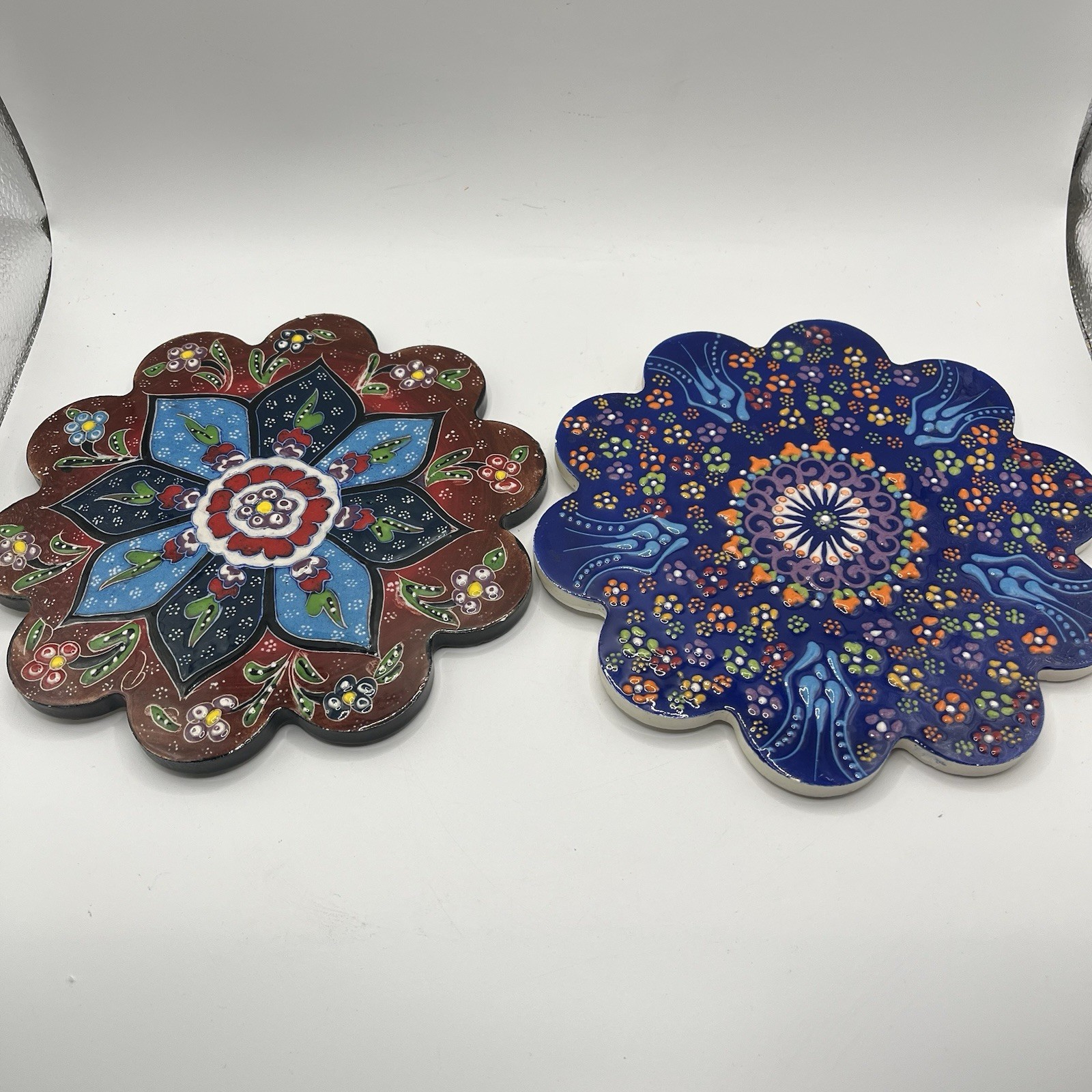 Ceramic Flower Wall Hangings Hand Painted Colorful 7 In Set Of 2