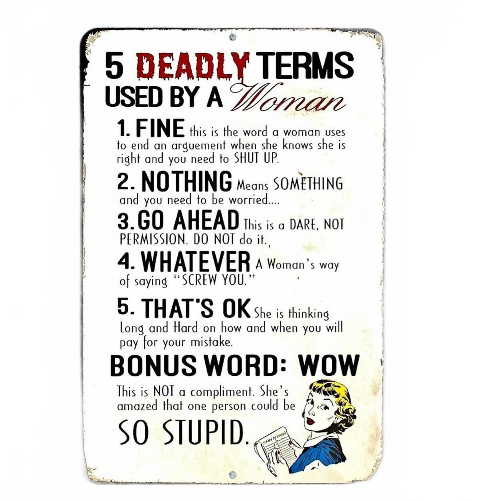 Aluminum Metal Sign BanginPrints Deadly Terms Woman 8×12 Funny Garage