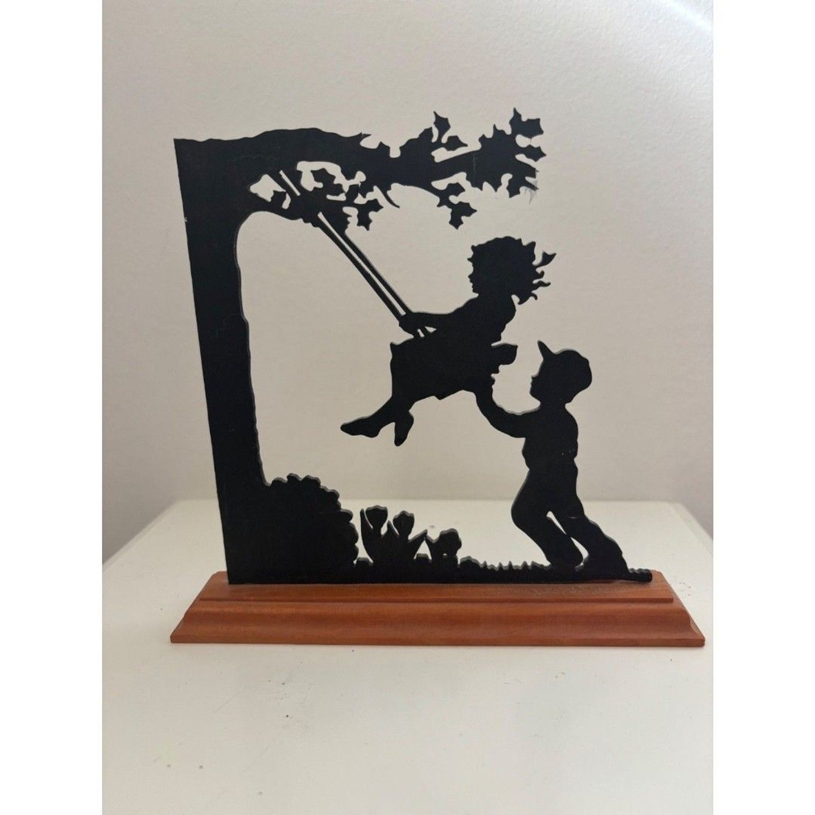 Vintage Silhouette Metal Art – Children on Swing – Black Cutout on Wood Base