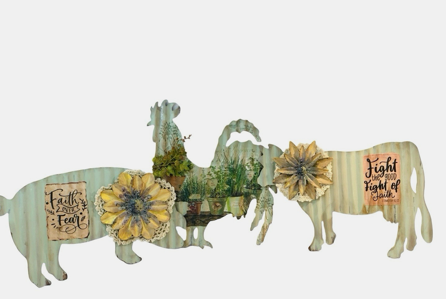 Farm Animal Metal Wall Decor Cow Pig Chicken Farmhouse 10×9 in Mixed Media Faith