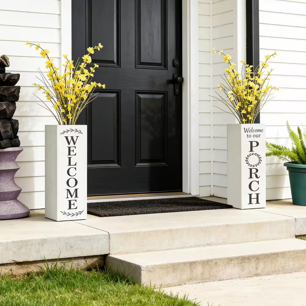 24 In. H Double Sided Solid Wood White Boxed “WELCOME PORCH” Porch Sign