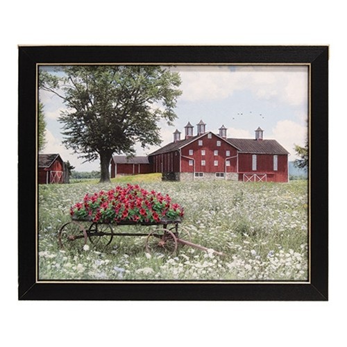 New Primitive FLOWER CART RED BARN PICTURE Framed Wall Art Hanging 9″x11″