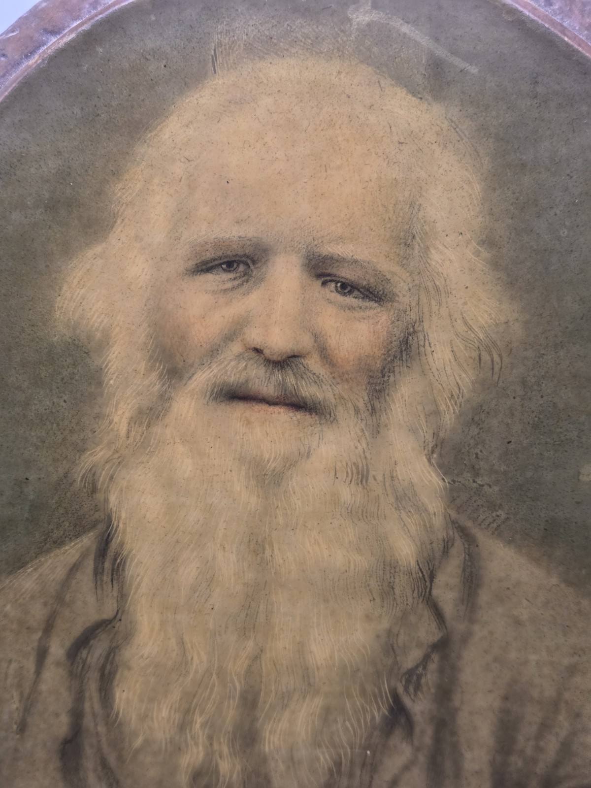 Rustic Oval Wooden Wall Plaque Portrait Smiling Old Man Beard Vintage Art Creepy