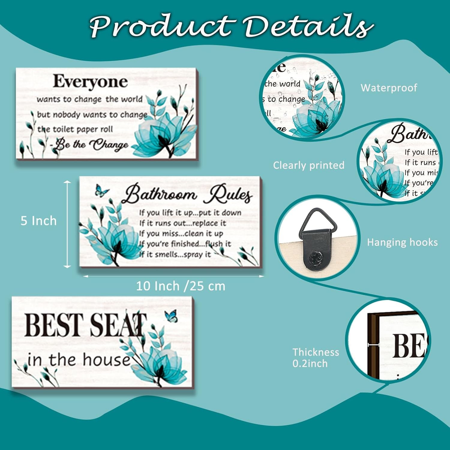 3-Piece Teal Bathroom Decor – Turquoise Flower Bathroom Rules Signs: ‘Best Seat