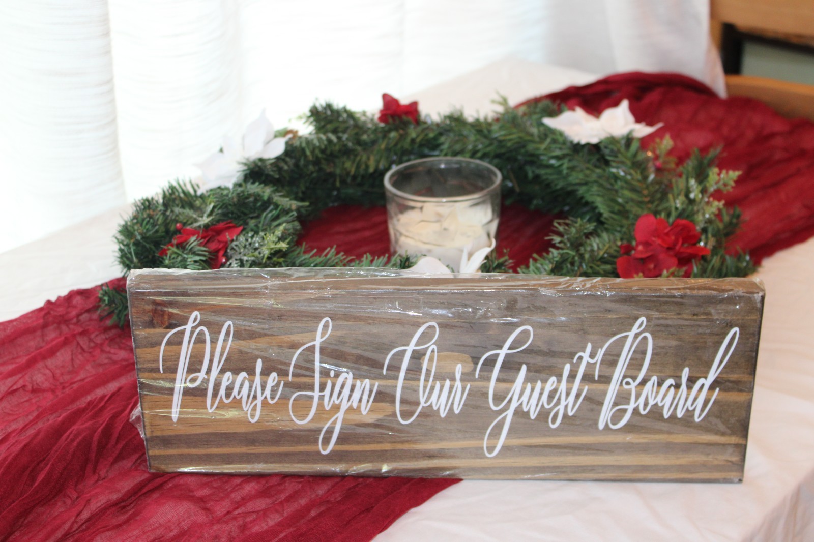 Printed Wooden Table top and Shelf Sitter 16×6 Sign our Guestboard