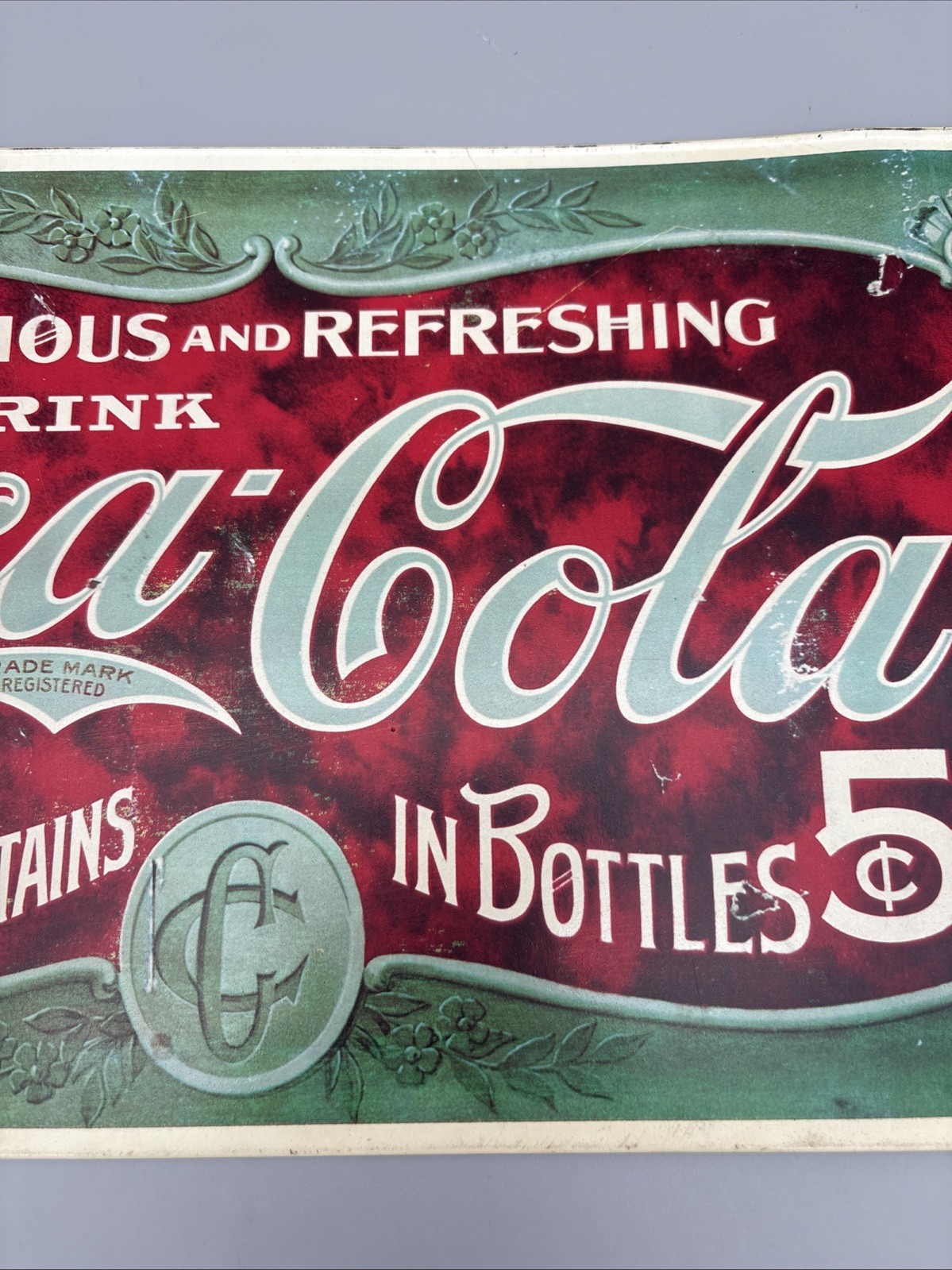Vintage Metal Coca Cola Sign Faux Antique 5 Cents 16 in x 9 in
