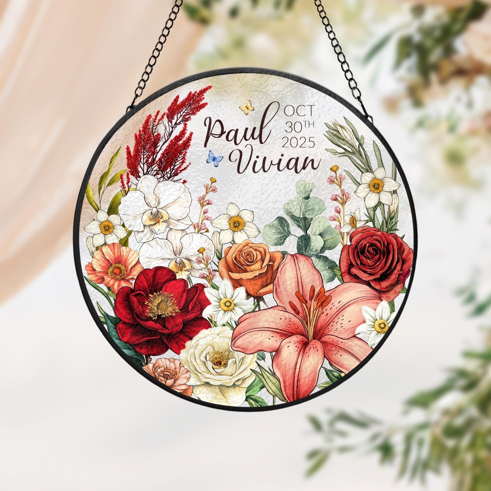 Personalized Wedding Flowers Glass Suncatcher, 1st Anniversary Gift