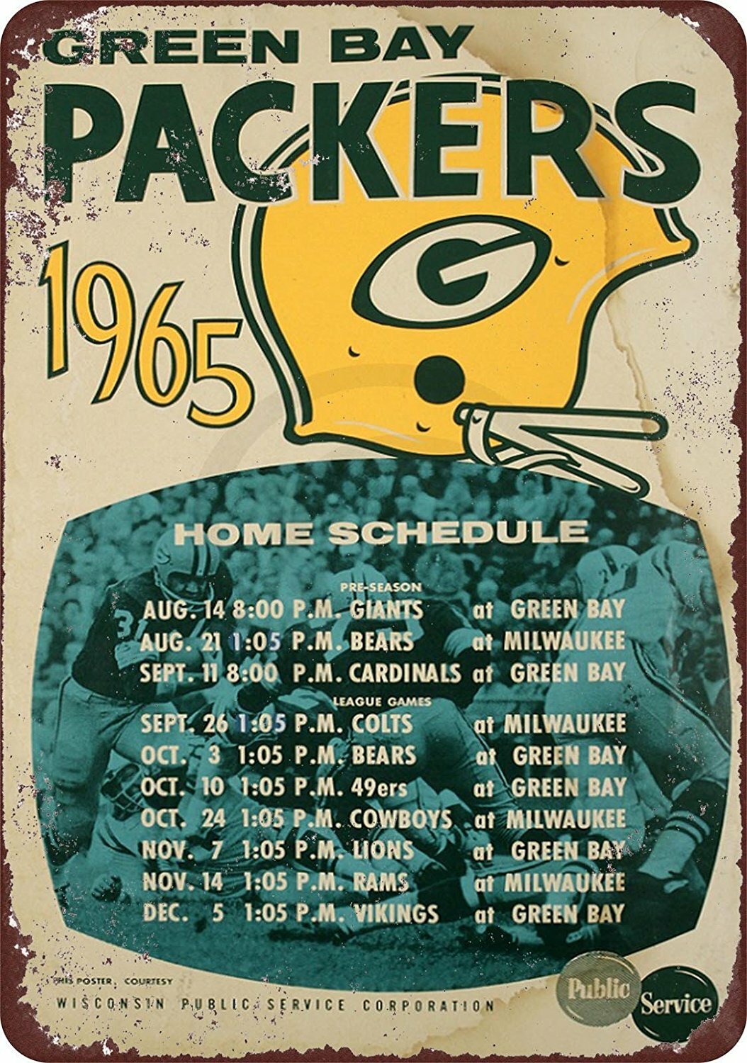 1965 Green Bay Packers Home Schedule Vintage Reproduction Metal Sign 8 x 12