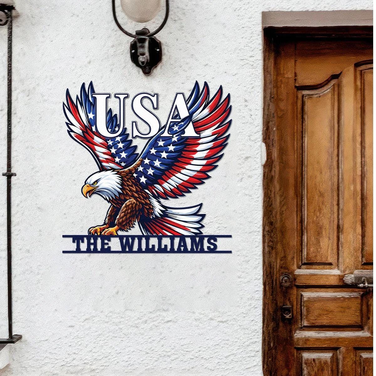 Custom USA Eagle Metal Sign, Patriotic Family Name Wall Art, American Flag Eagle