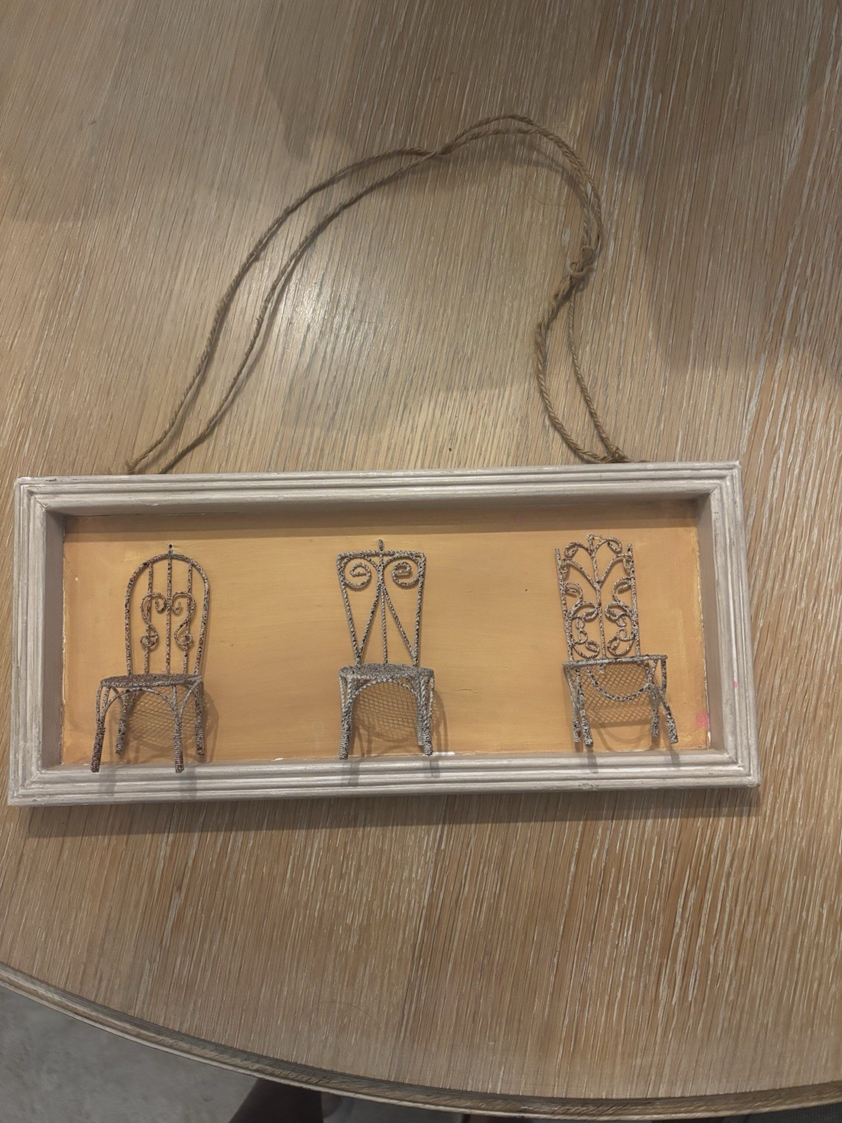 Framed Hanging Wall Plaque Wire Chair Art, Wood/Metal, Beige White Gray
