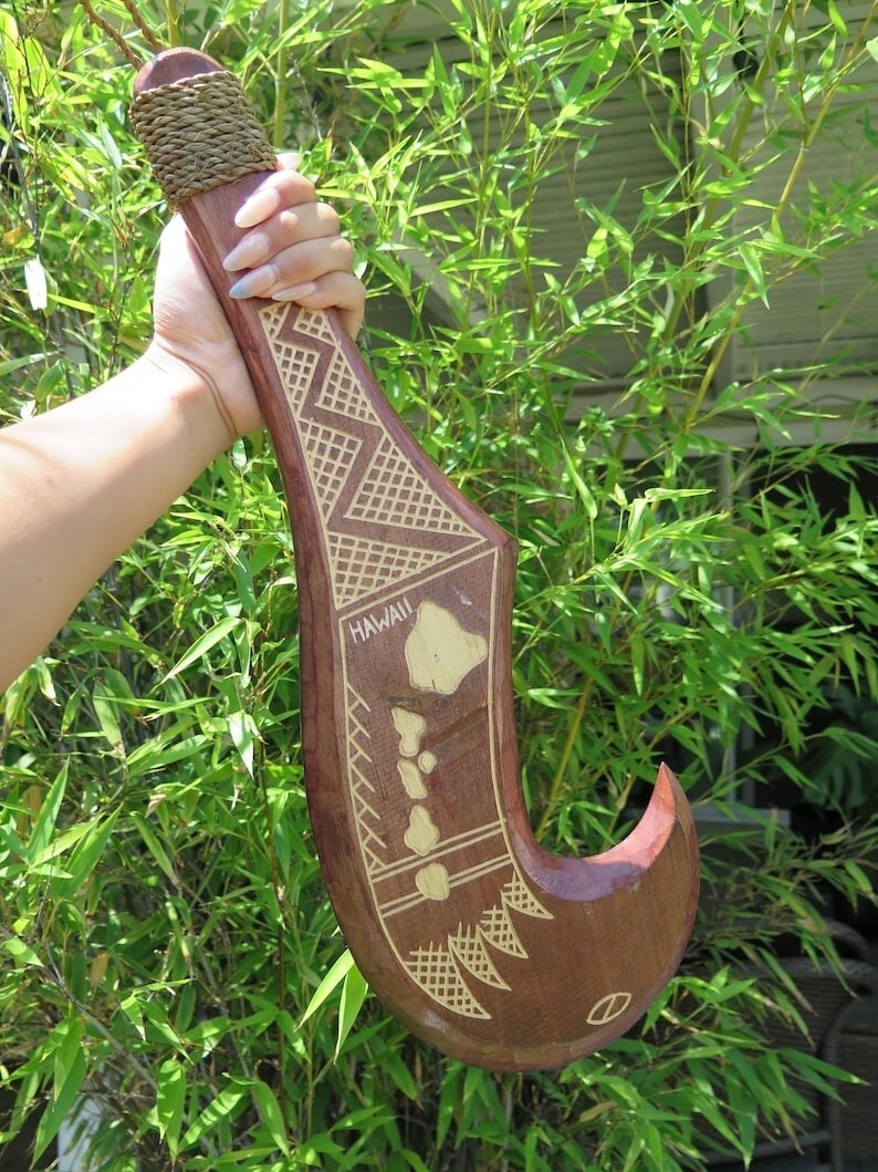 Hawaiian Engraved Hand Made Wall Decor Solid Wood Polynesian Tribal Weapon Hook