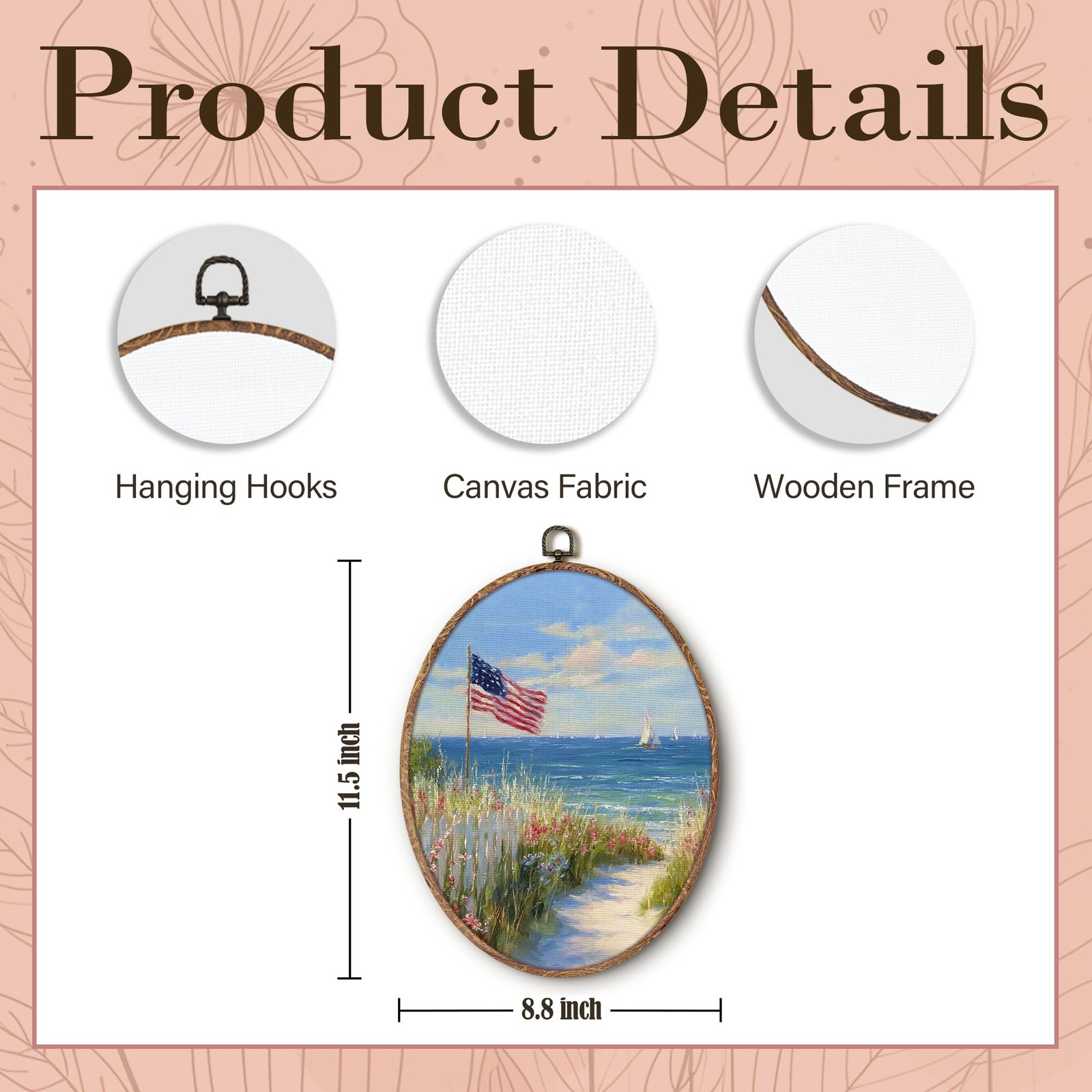Coastal Beach American Flag Oval Wall Art Framed, 4th of July Patriotic Oval …