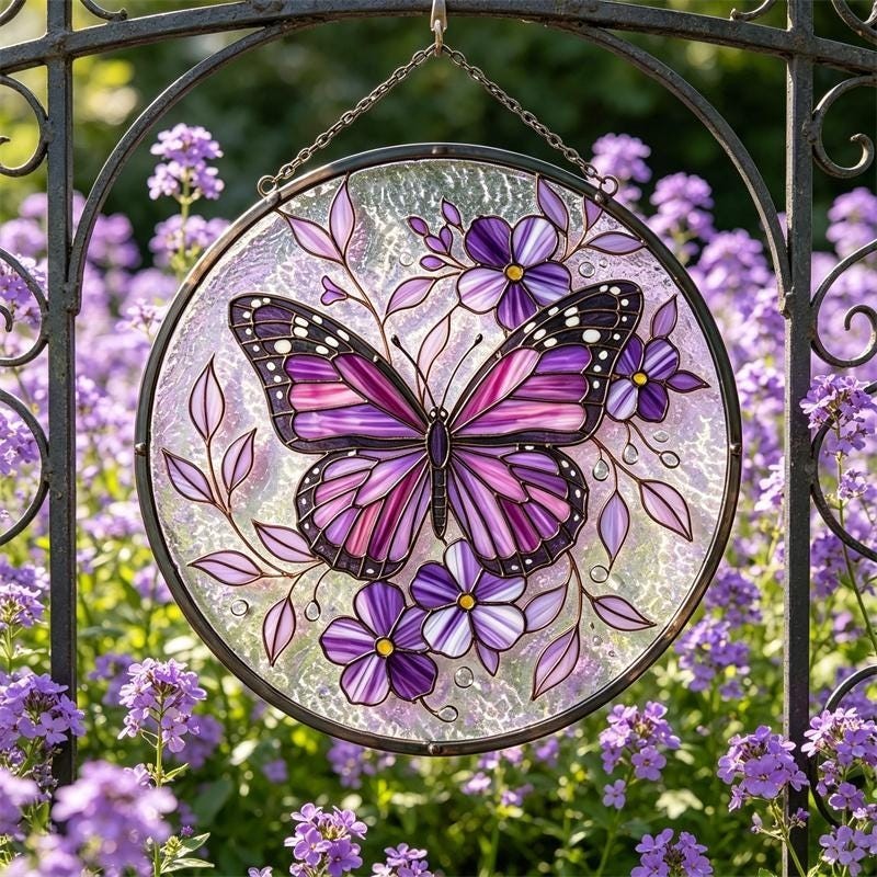 Purple Butterfly Stained Glass Suncatcher – Floral Window Art