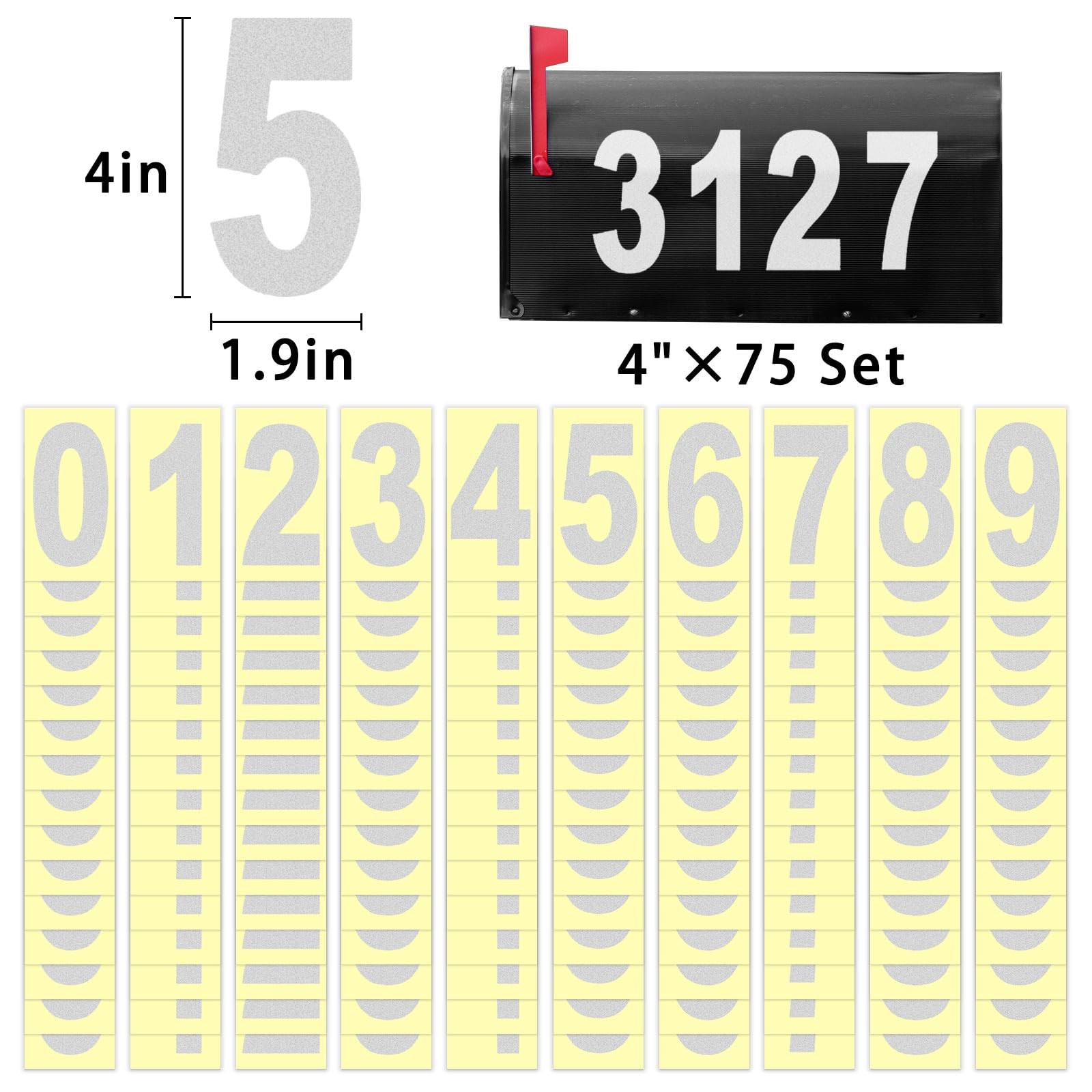 4 inch Reflective Mailbox Numbers Sticker (0-9, 5 Sets) Strong Self Adhesive..