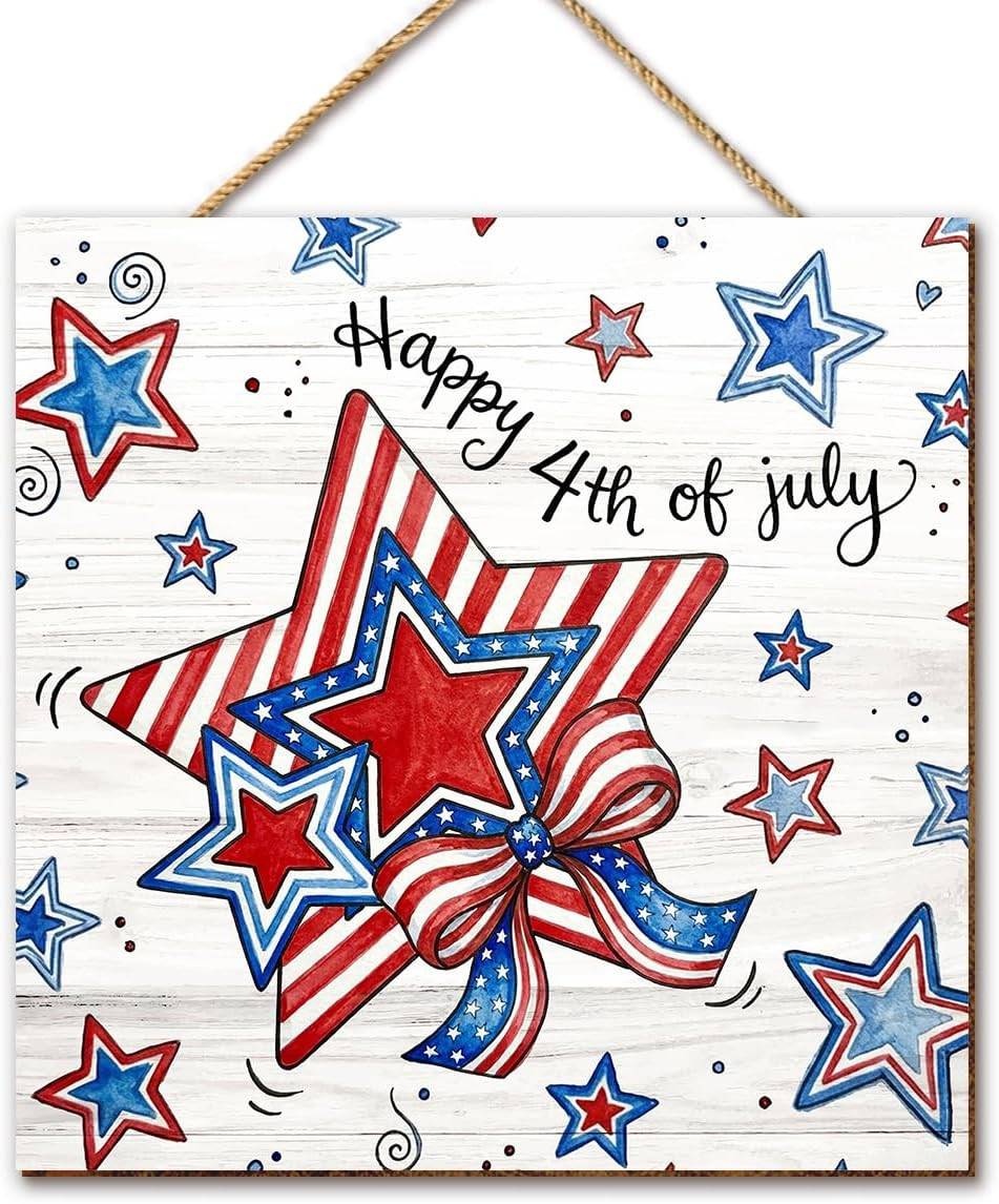 4Th of July Door Sign Patriotic for Front Porch America Anniversary Wooden Sign