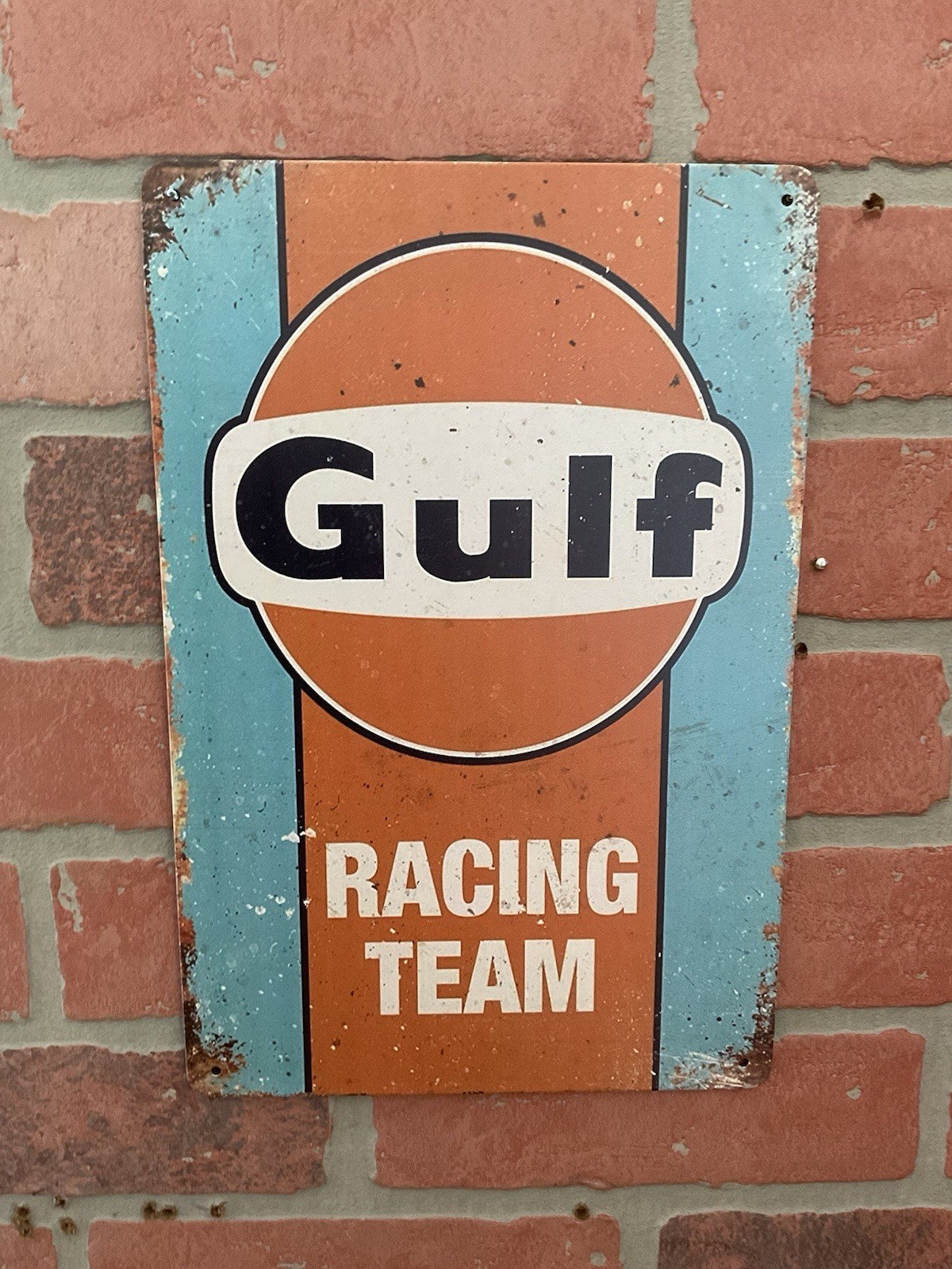8″x12″ Vintage Patina Style “Gulf Racing Tem” Tin Advertising Sign