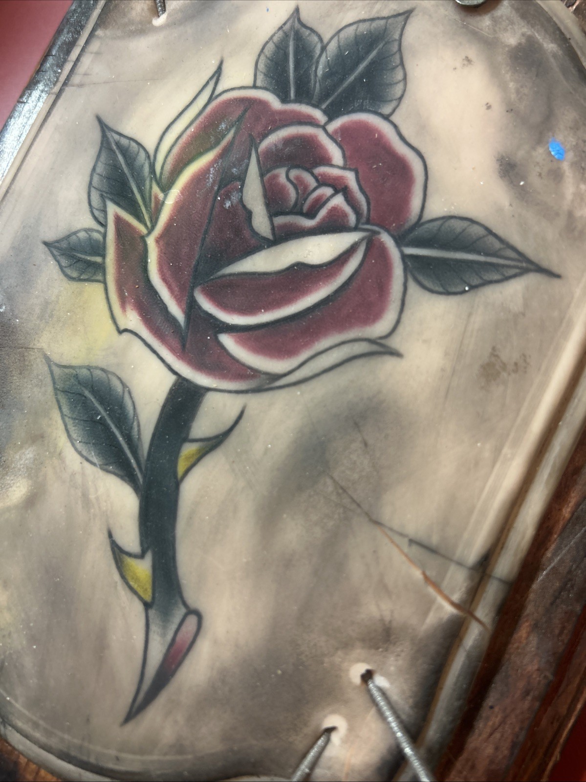 Hand Made Rose Plaque Wall Art Tattooed Fake Skin Nailed Custom Piece