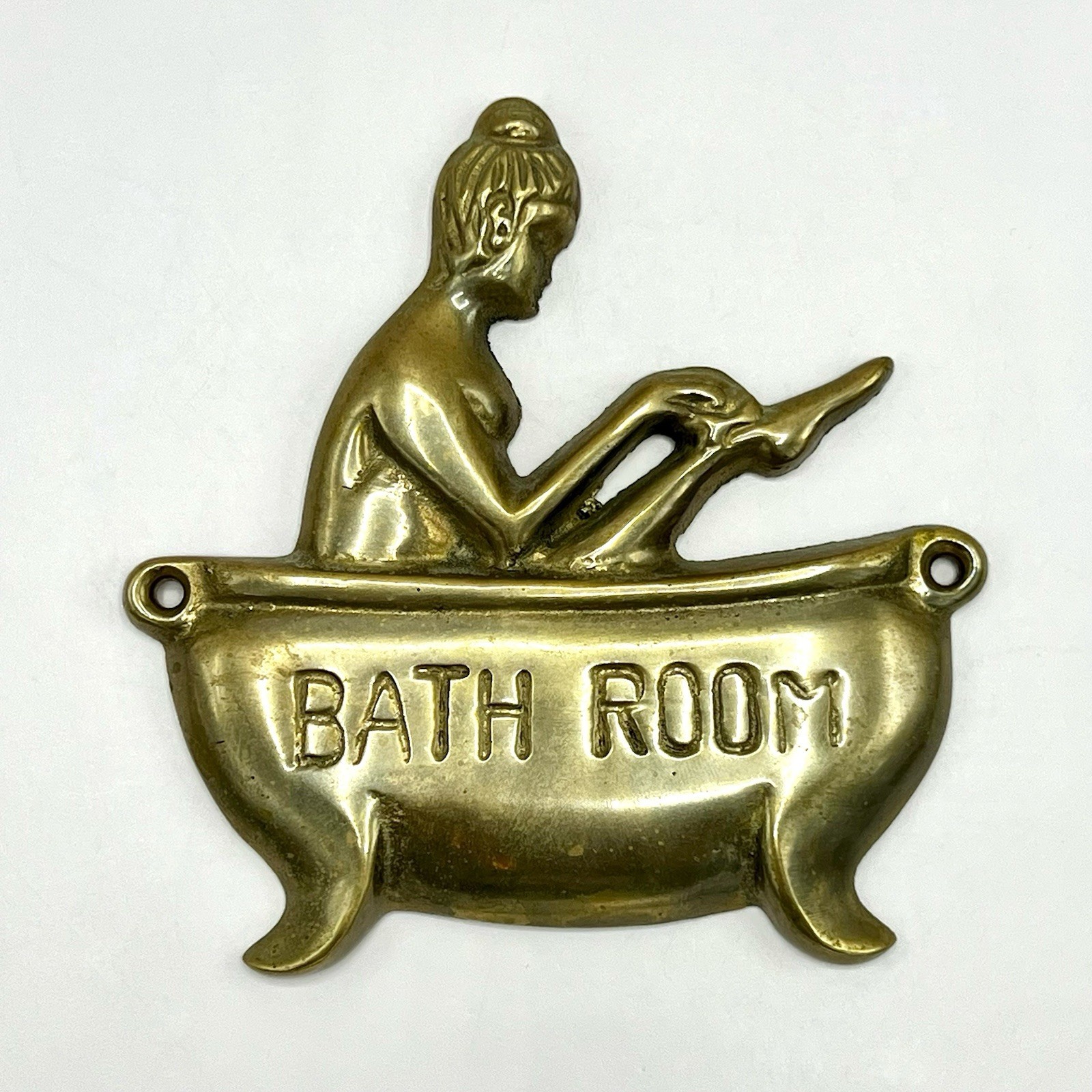 Vintage Brass Metal Lady In Tub Nude Bathroom Door Plaque Sign Wall Decor Risqué