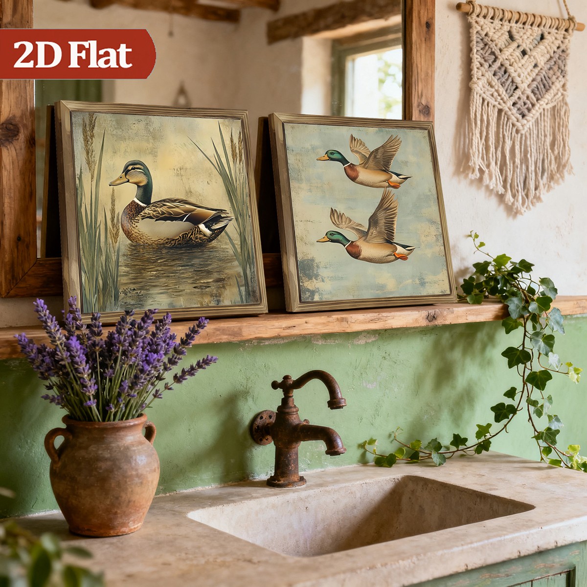 2Pcs Vintage Duck Wooden Sign Rustic Farmhouse Decor for Living Room Entryway