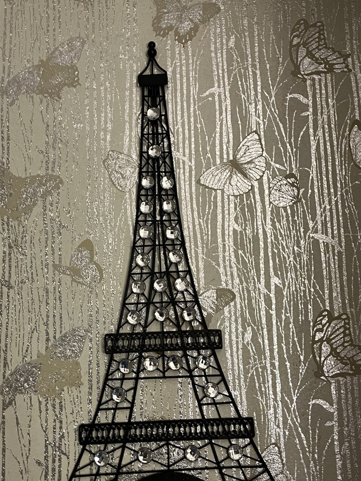 Large Eiffel Tower Metal Wall Decor Rhinestone Paris Art 30in Black