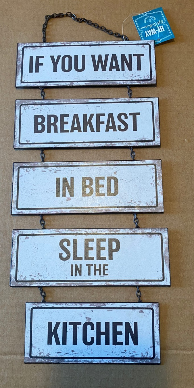 Home Decor Sign Breakfast in Bed Metal 12″ Tall 5.5″ Wide Chain to Hang NWT