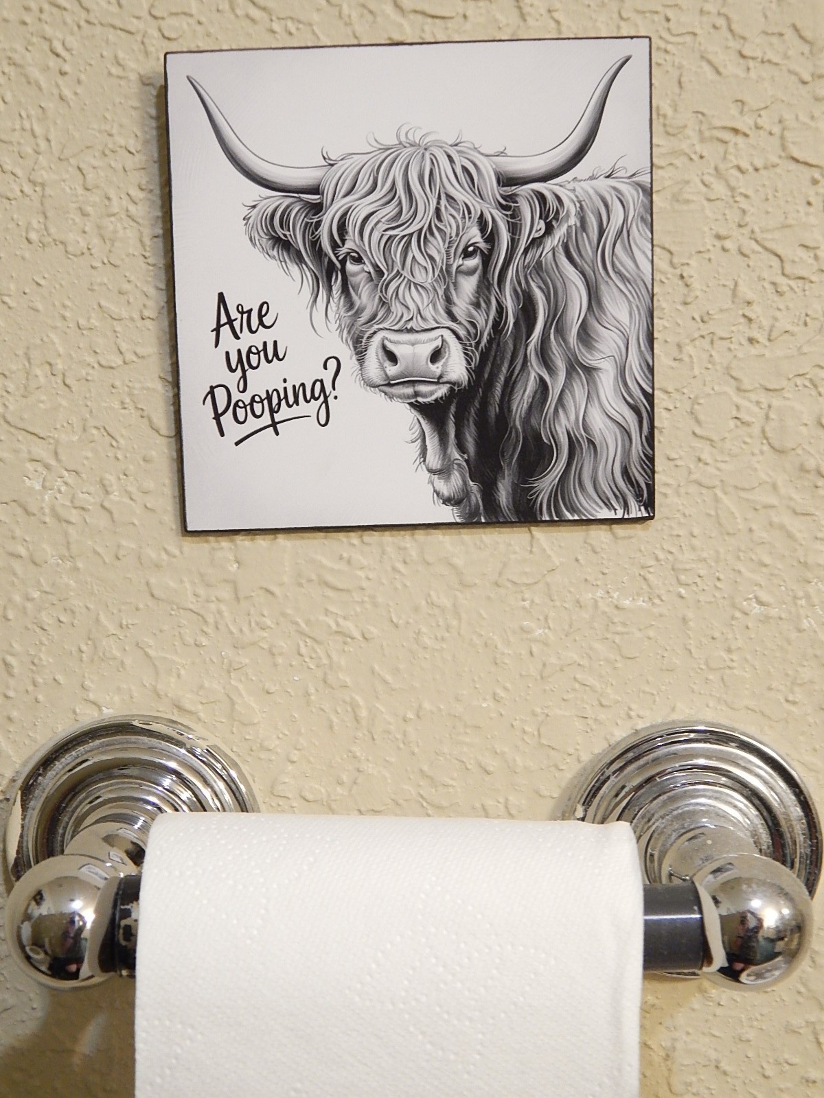 Are You Pooping Funny Highland Cow Bathroom Sign Shelf Sitter Wall Art 5″ x 5″