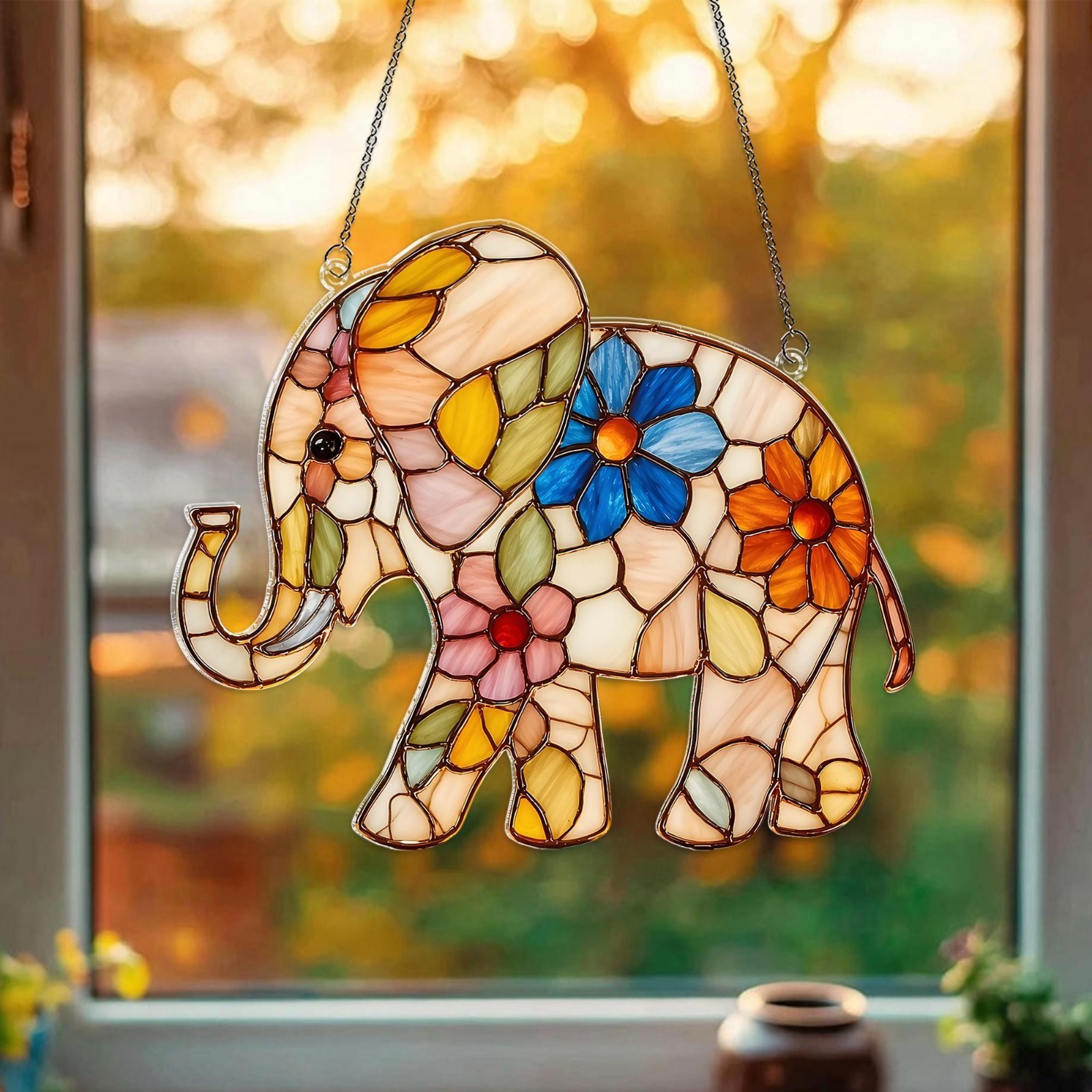Floral Elephant Acrylic Suncatcher, Colorful Flower Elephant Window Hanging