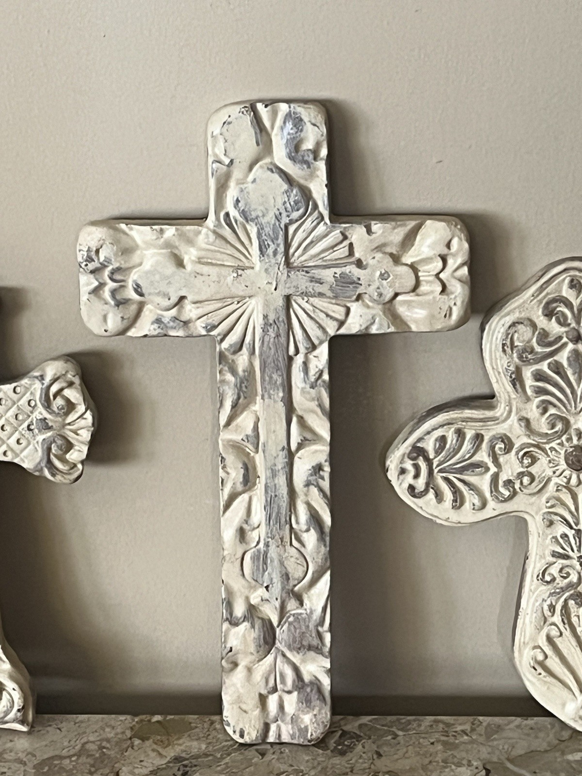 Wall CROSS Set Lot of 3 Shabby Cottage Farmhouse Distressed Carved-look Resin