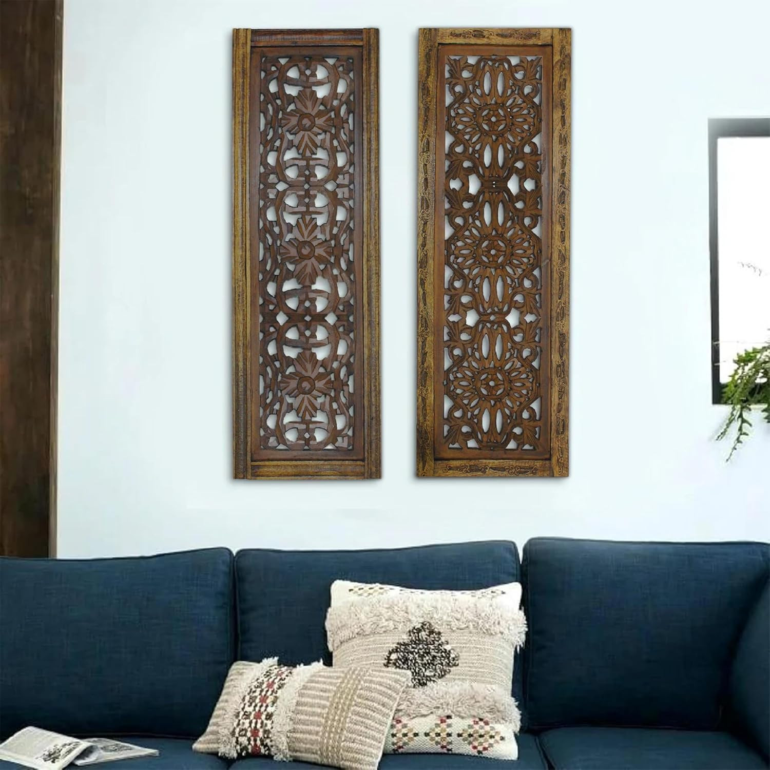 Floral Hand Carved Wooden Wall Panels Set of 2, Rustic Brown Decorative Wall Art