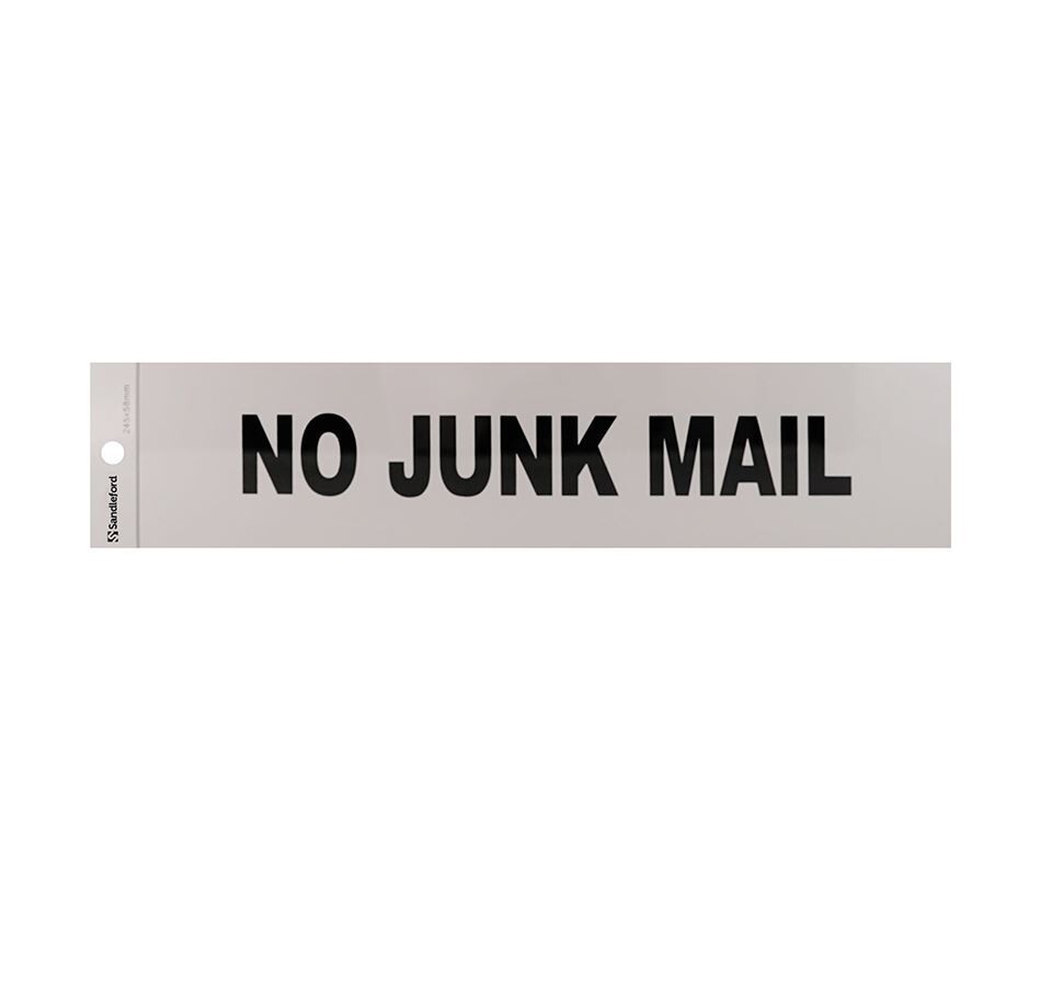 Sandleford Self Adhesive No Junk Mail Sign 245x58mm Silver Durable UV Resistant