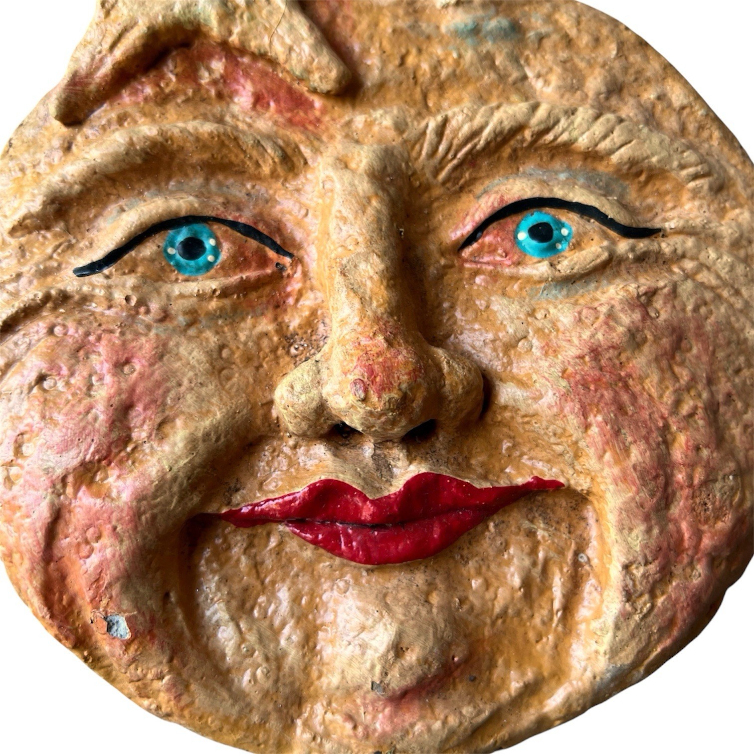 Vintage Celestial Sun Face Wall Hanging Plaque Chalk Ware Creepy Weird Funky