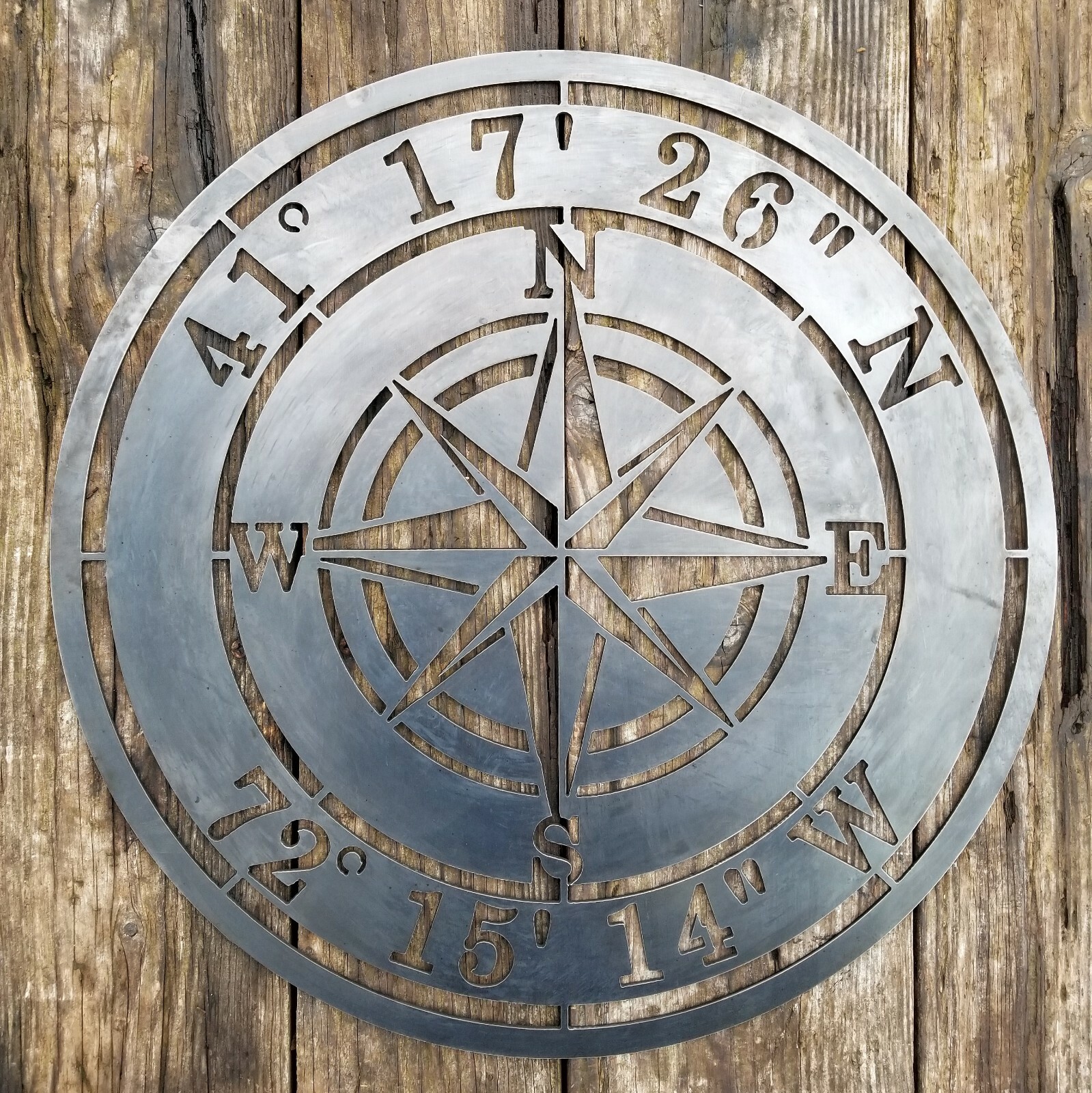 Personalized Compass Rose Metal Sign – Custom Coordinates – Nautical Address Wal