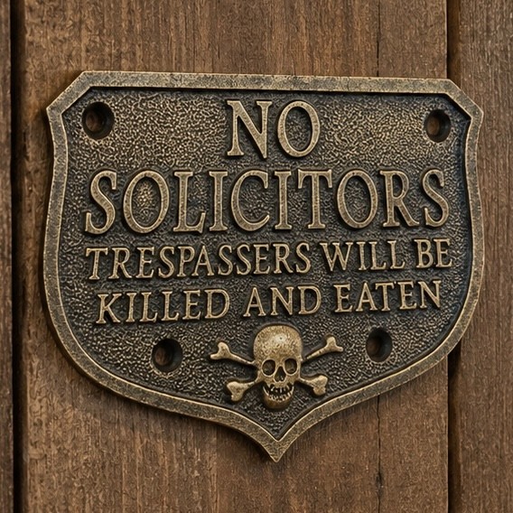 Pirate Skull No Solicitors SolId Brass Plaque With Antique Finish