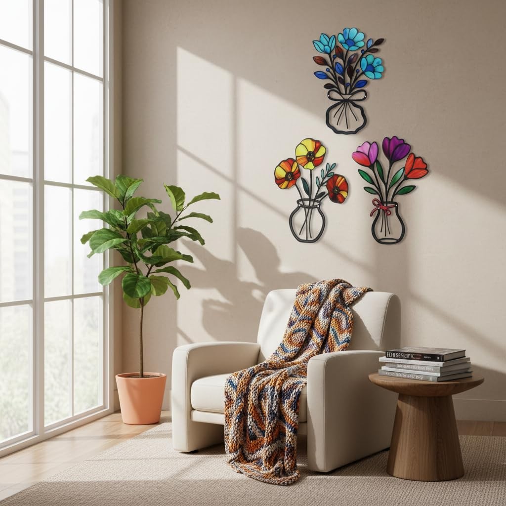 3Pc Metal Flower Wall Decor | 3D Colorful Outdoor Art for Garden & Patio