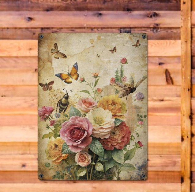 Shabby Chic French Country Roses Butterfly Wall Decor Metal Sign 8 x 12 Floral