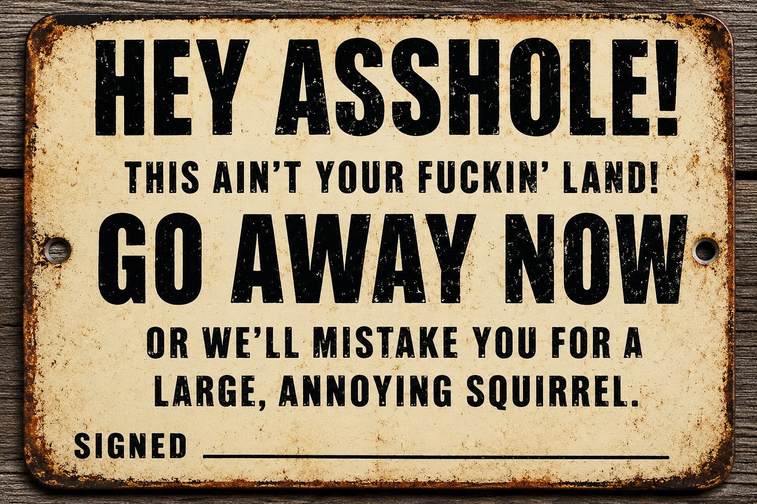 Funny No Trespassing Sign – Hey A-hole This Ain’t Your Fin’ Land Go Away Now