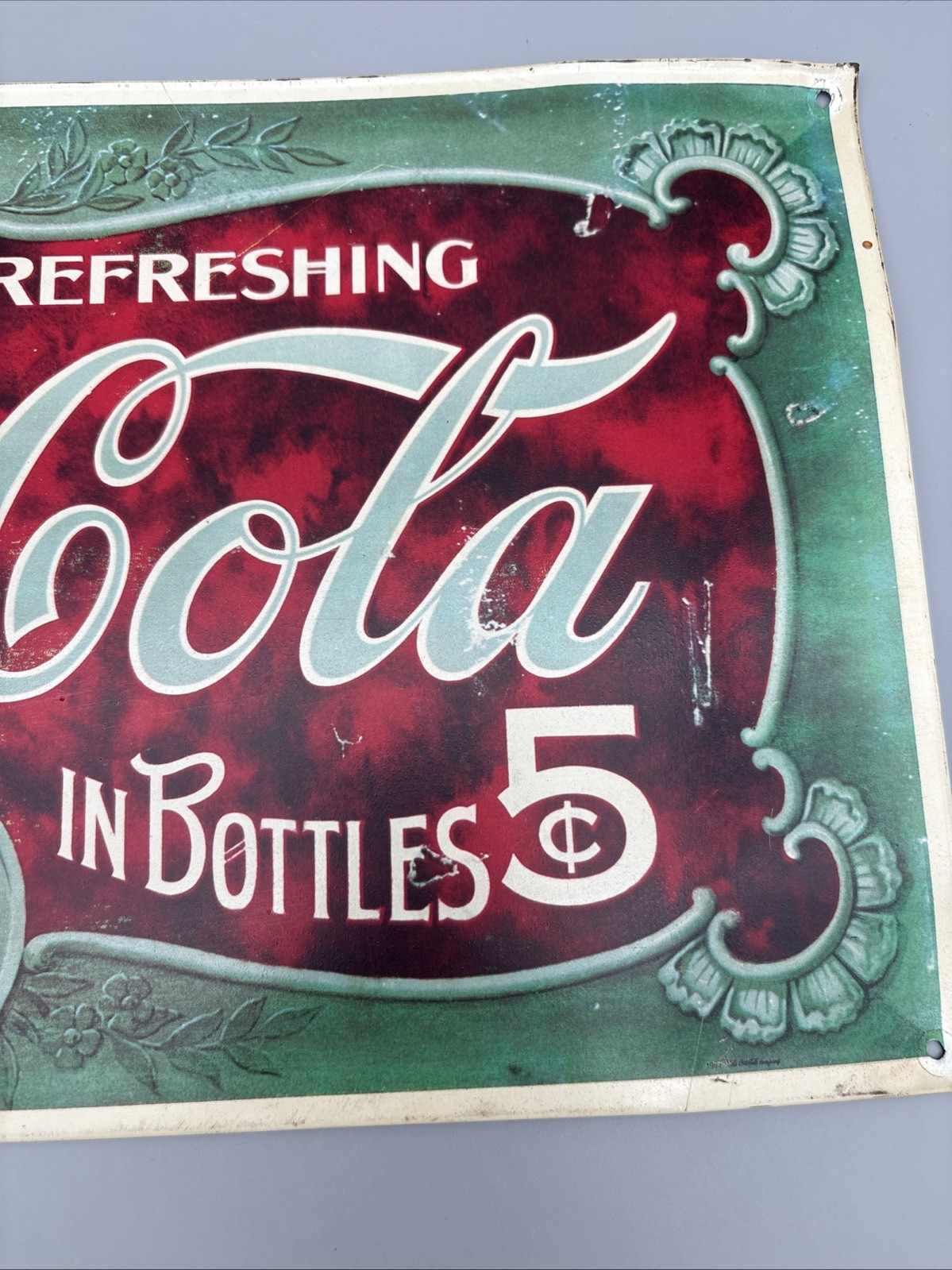 Vintage Metal Coca Cola Sign Faux Antique 5 Cents 16 in x 9 in