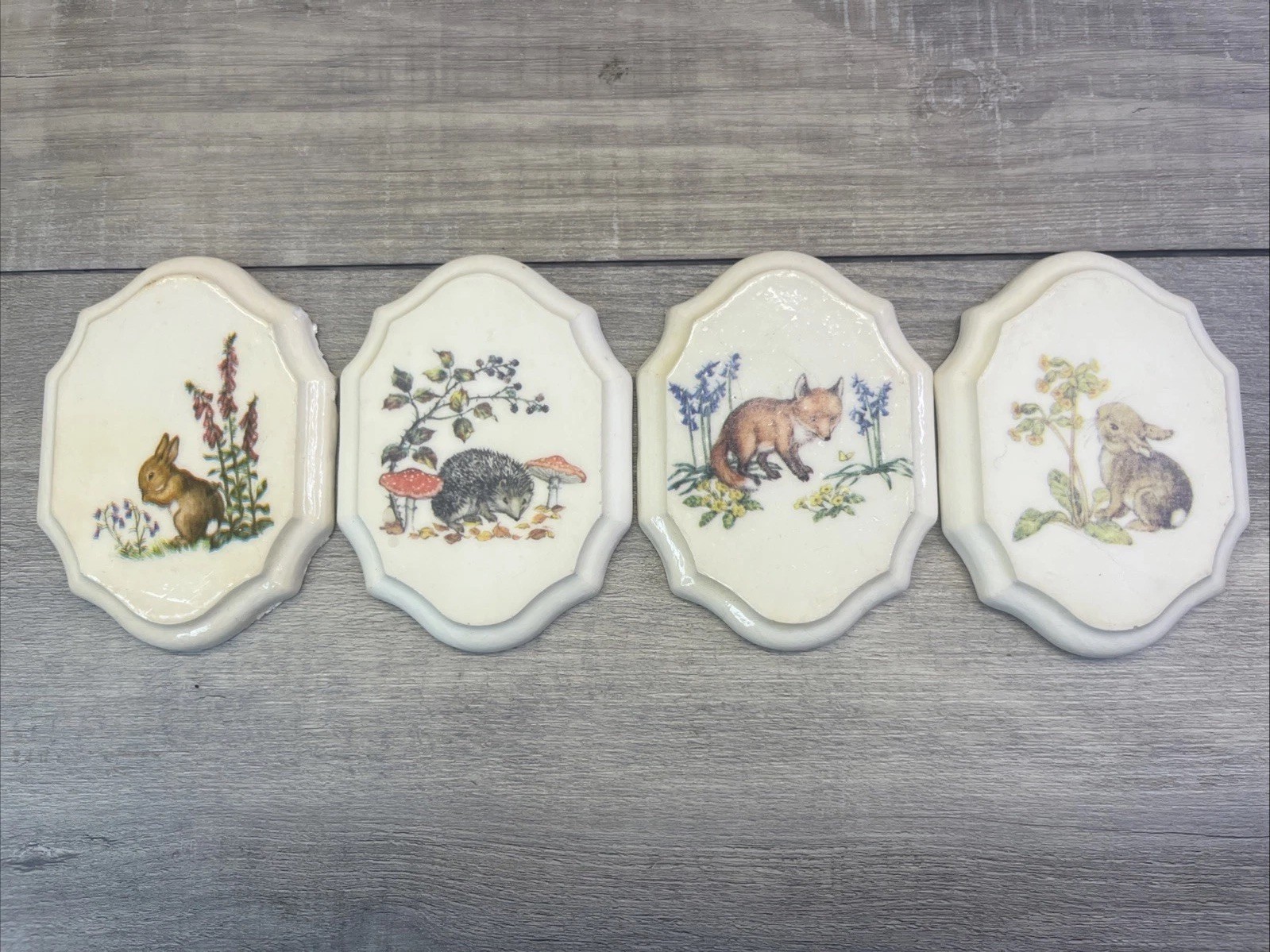 Animals Woodland Vintage 80s Small Plaque Decor Rabbit Fox Hedgehog Lot of 4