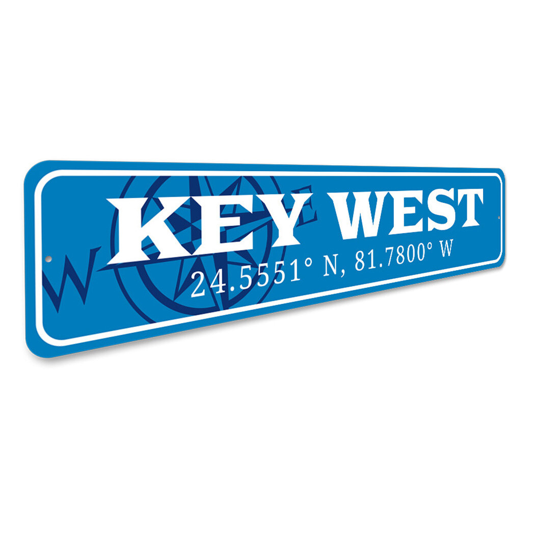 Key West with Coordinates and Compass Design, Beach House Decorative Metal Sign