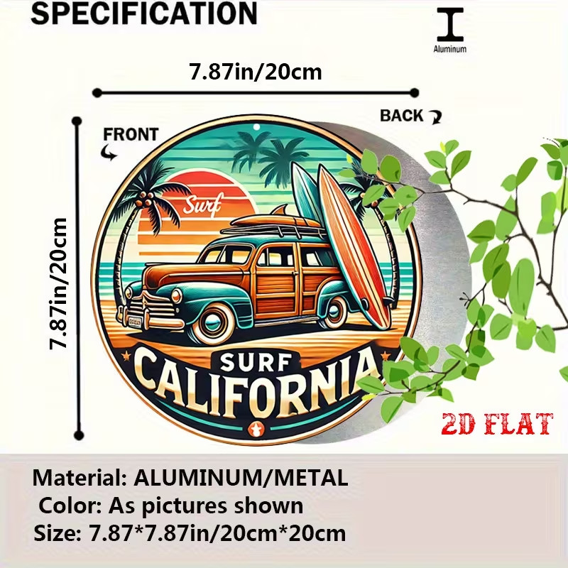 Vintage Beach Sunset Aluminum Metal Tin Sign – Retro Surfing & Palm Trees Round