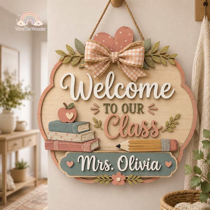 Personalized Teacher Wooden Door Sign, Custom Name Classroom Decor