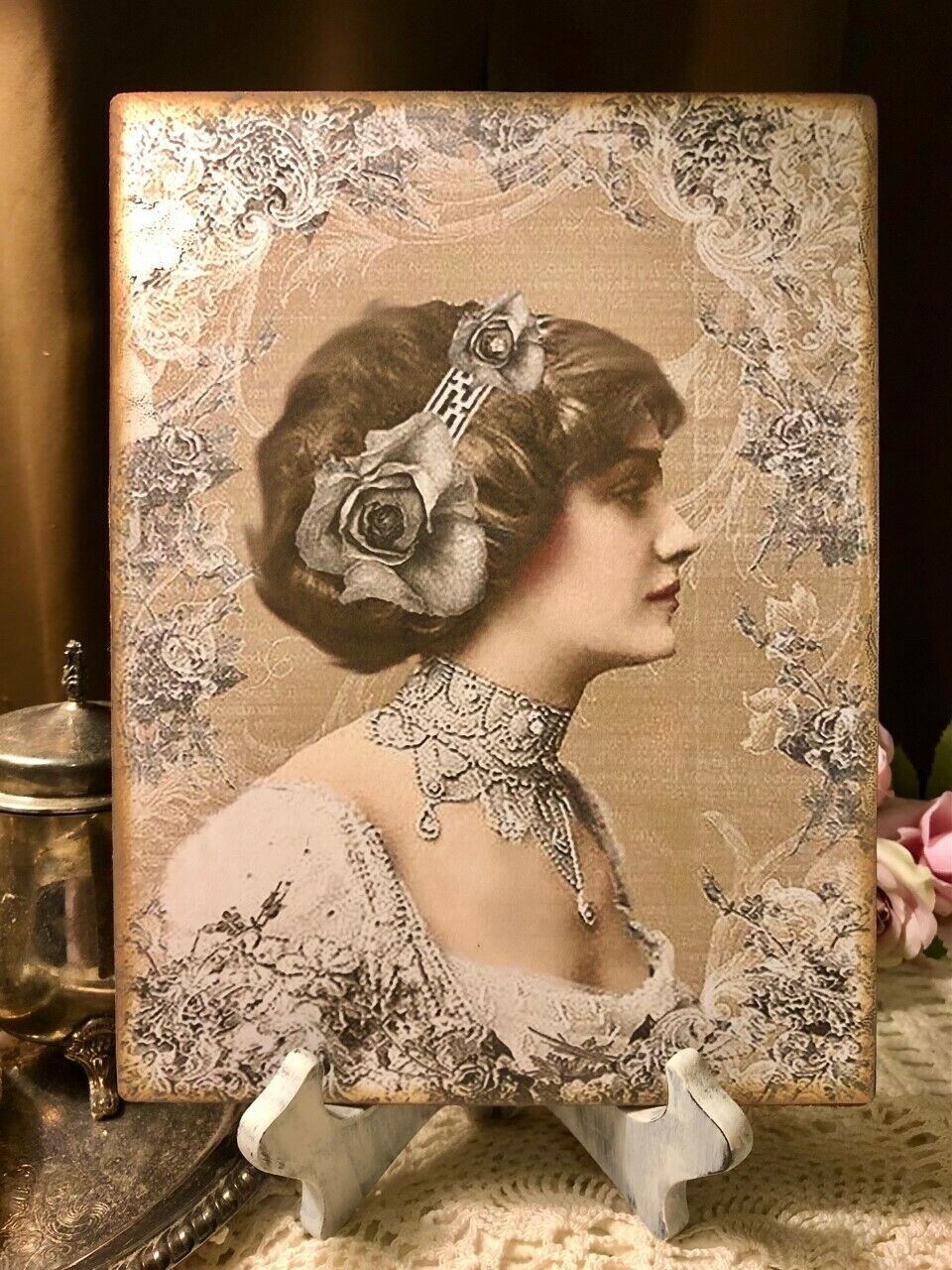 Shabby Chic, Gray Rose Lady, Romantic, Handcrafted Plaque / Sign