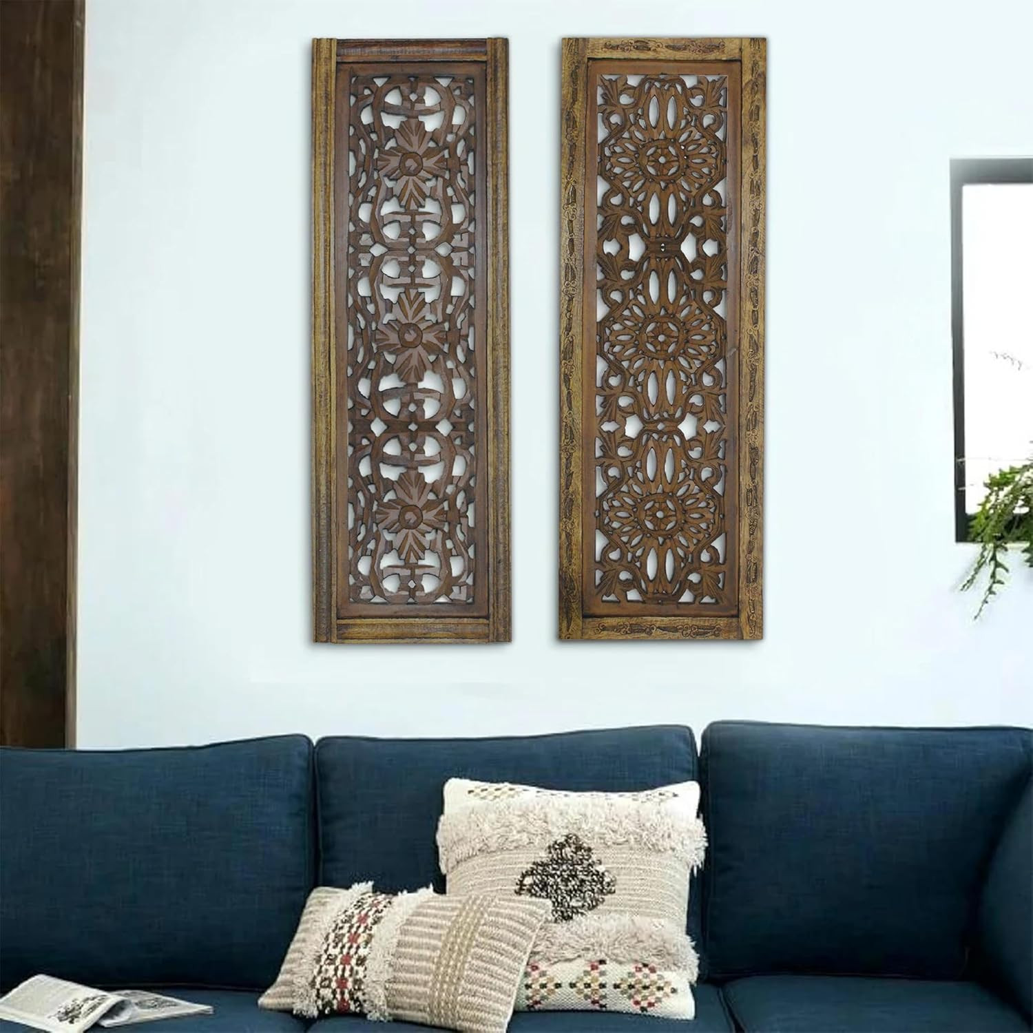 Floral Hand Carved Wooden Wall Panels Set of 2, Rustic Brown Decorative Wall Art