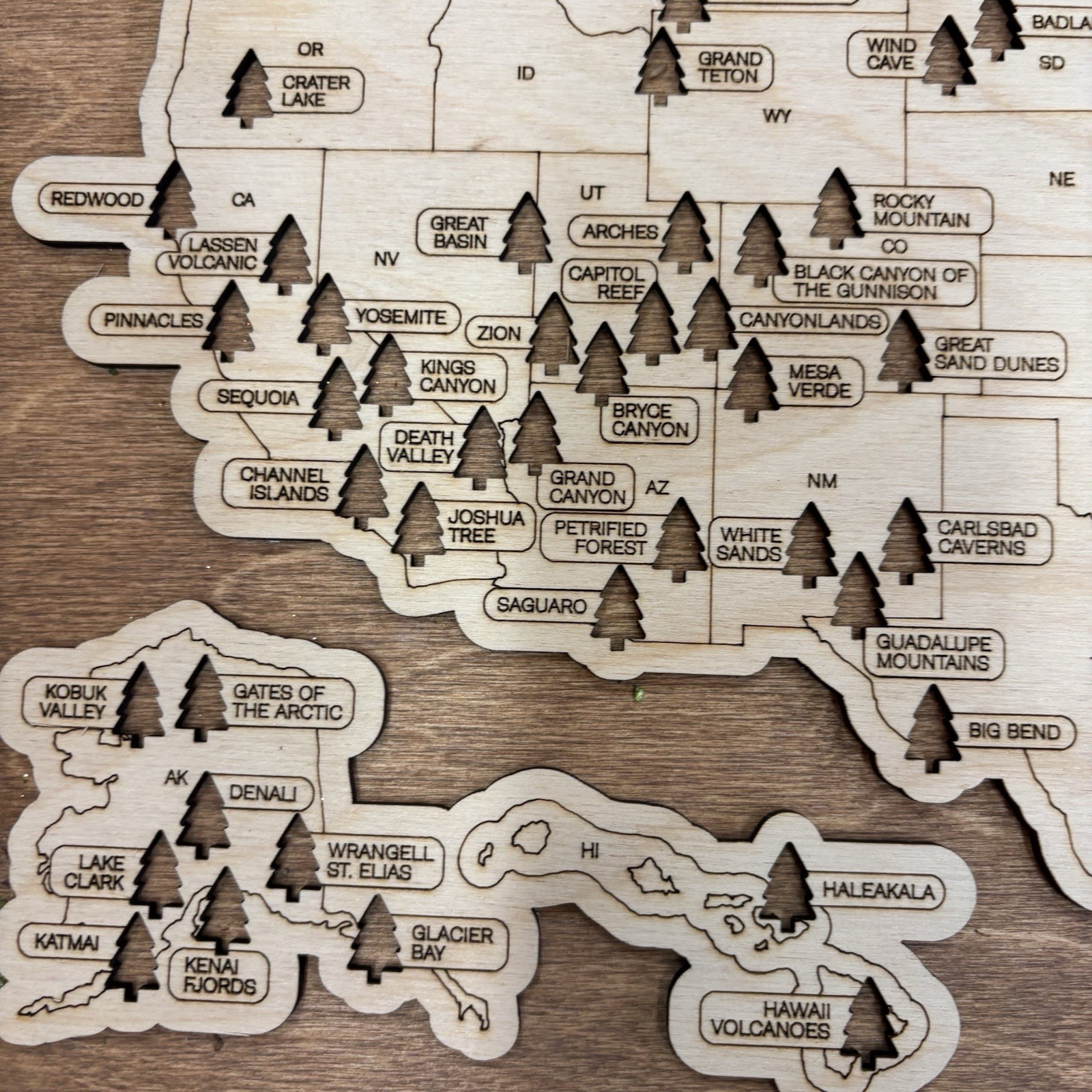 Handcrafted Wooden National Parks Map Wall Art USA Laser Cut Engraved Tracker