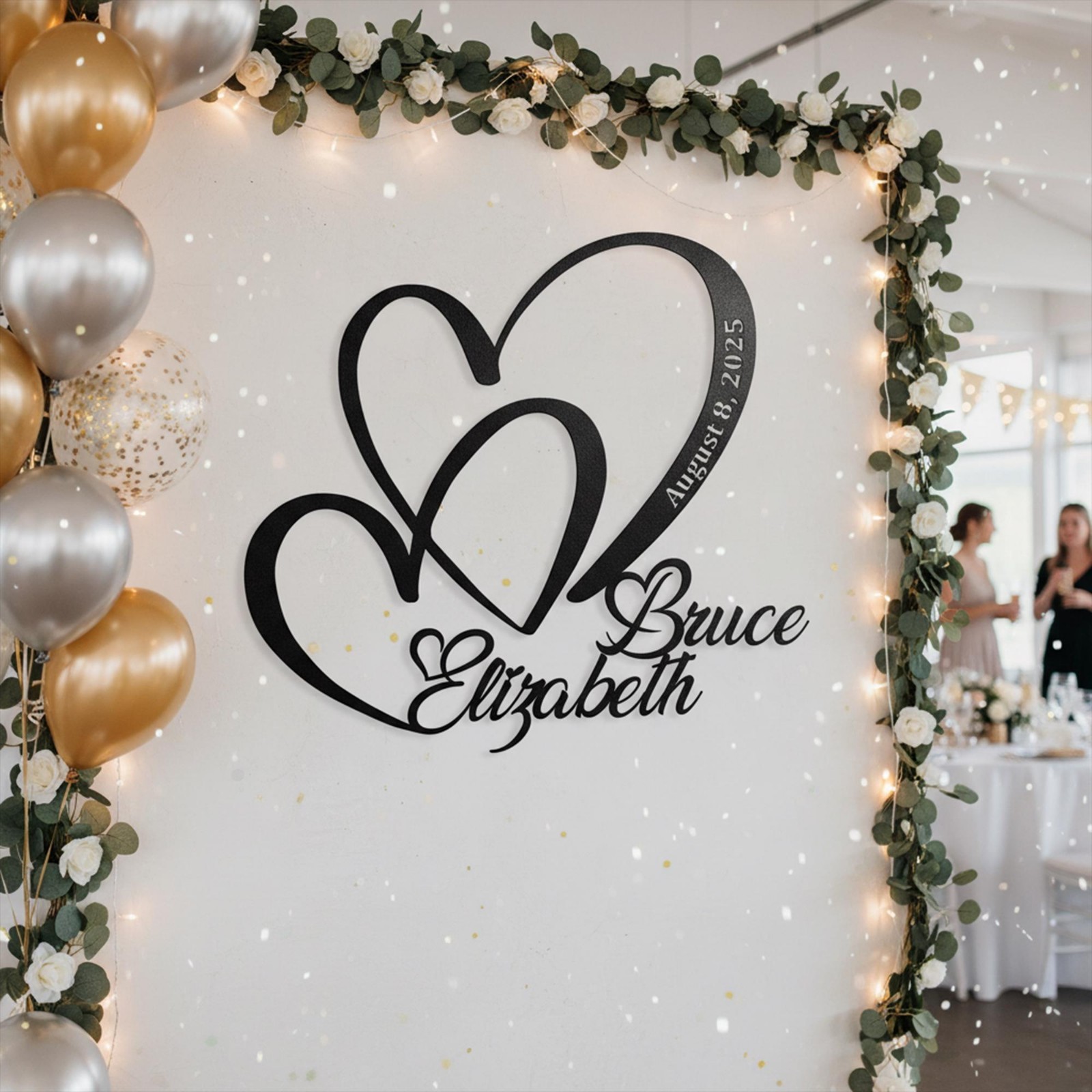 Personalized Double Heart Wall Sign, Custom Couple Name Decor