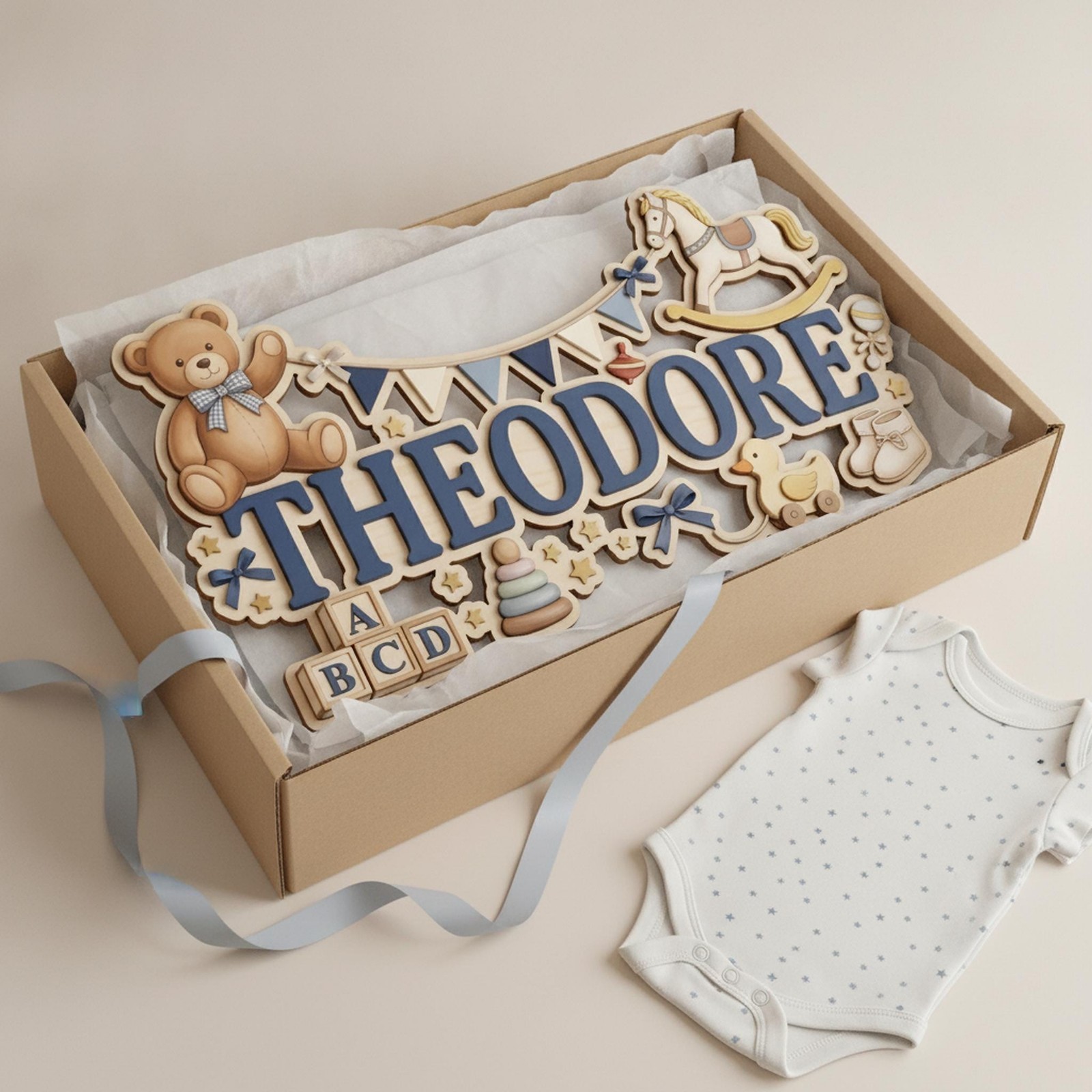Custom Baby Name Sign Wood, Personalized Teddy Bear Nursery Door Hanger, 3D