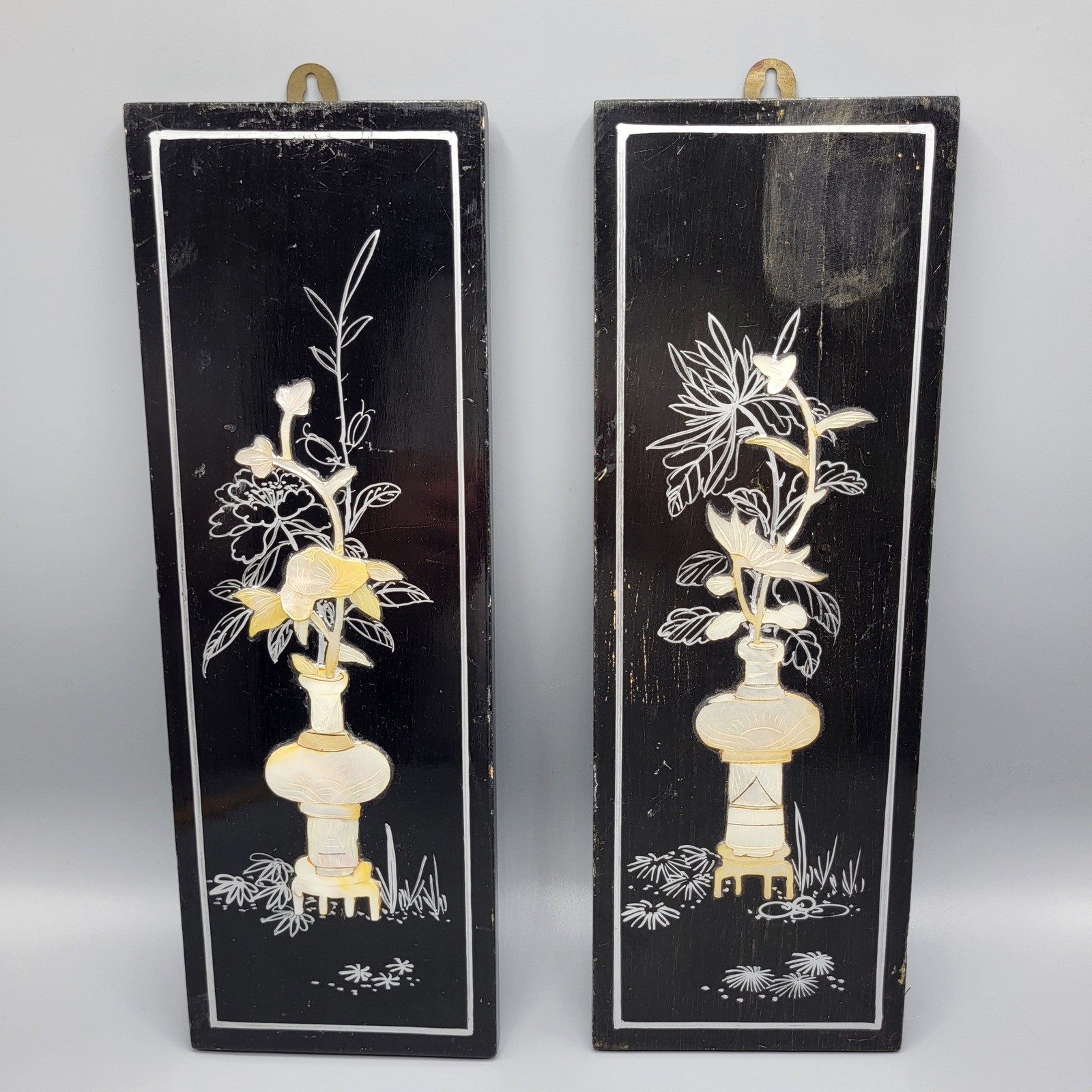 Vintage Chinese Lacquer Mother of Pearl Wall Art Panels Set of 2 Floral Black